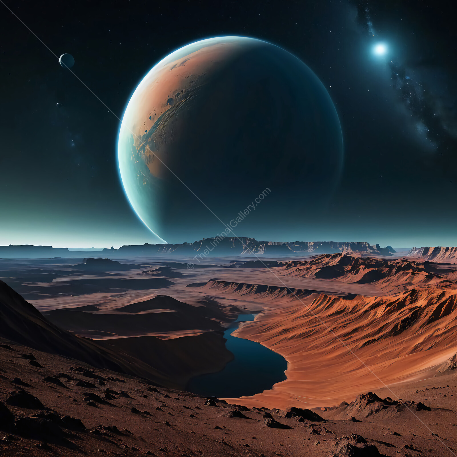Exploration of an alien landscape featuring a massive planet and distant stars