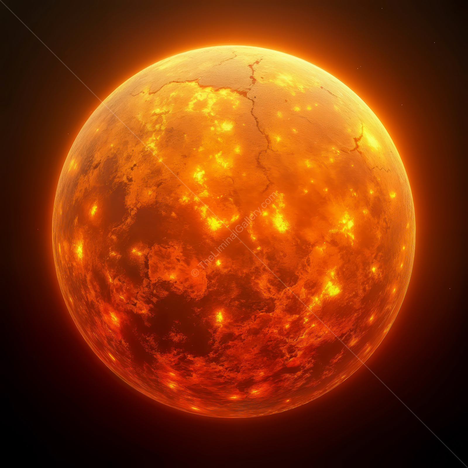 Mysterious glowing planet covered in lava and fiery cracks, floating in the dark depths of outer space, creating a dramatic sci-fi scene