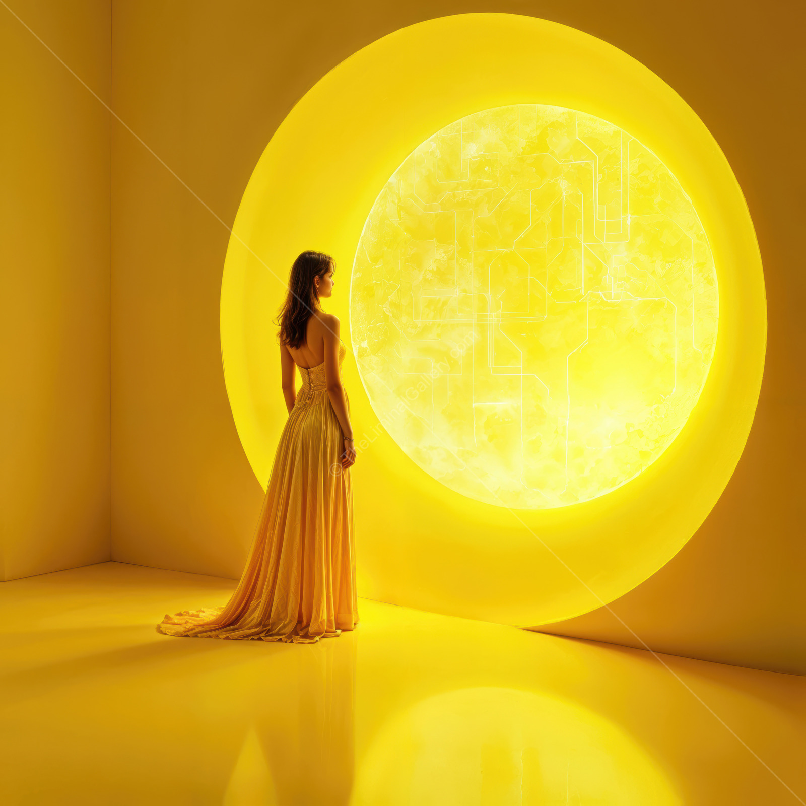 Enigmatic figure gazes into a radiant yellow portal in a futuristic sci-fi setting
