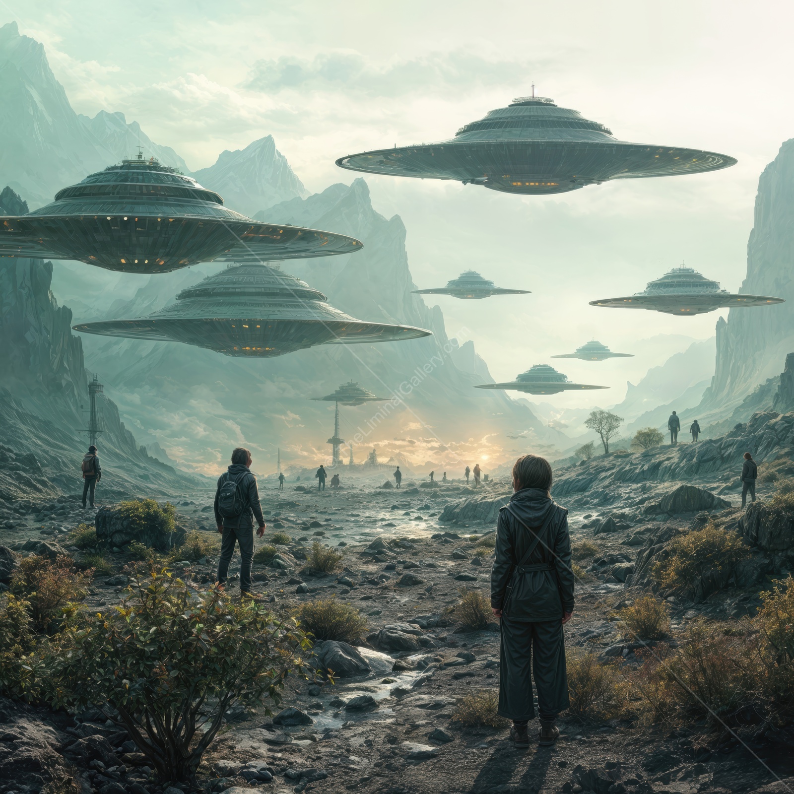 Confrontation in the valley: humans and alien ships prepare for first contact at dusk