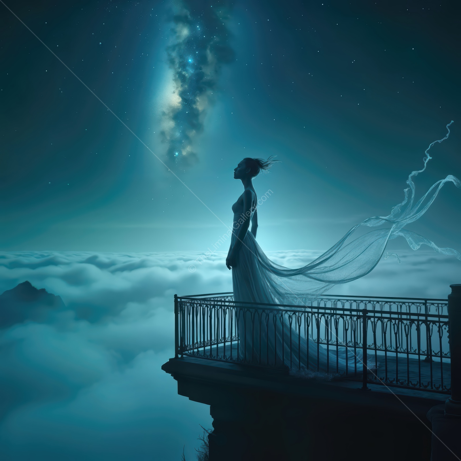 Mystical figure gazing at the cosmic horizon from a floating balcony in a dreamlike world under a starry sky