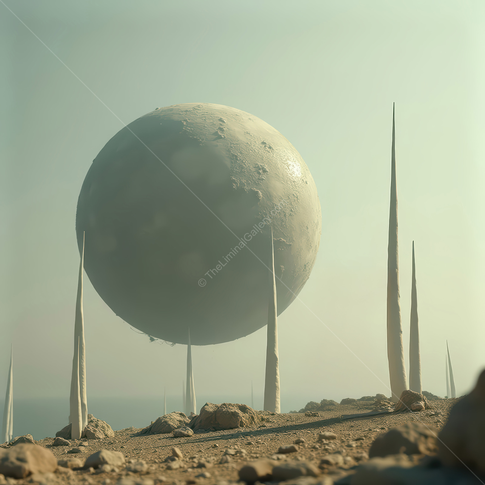 Floating moon overshadows alien landscape with towering spires, evoking a sense of wonder and exploration in a distant future