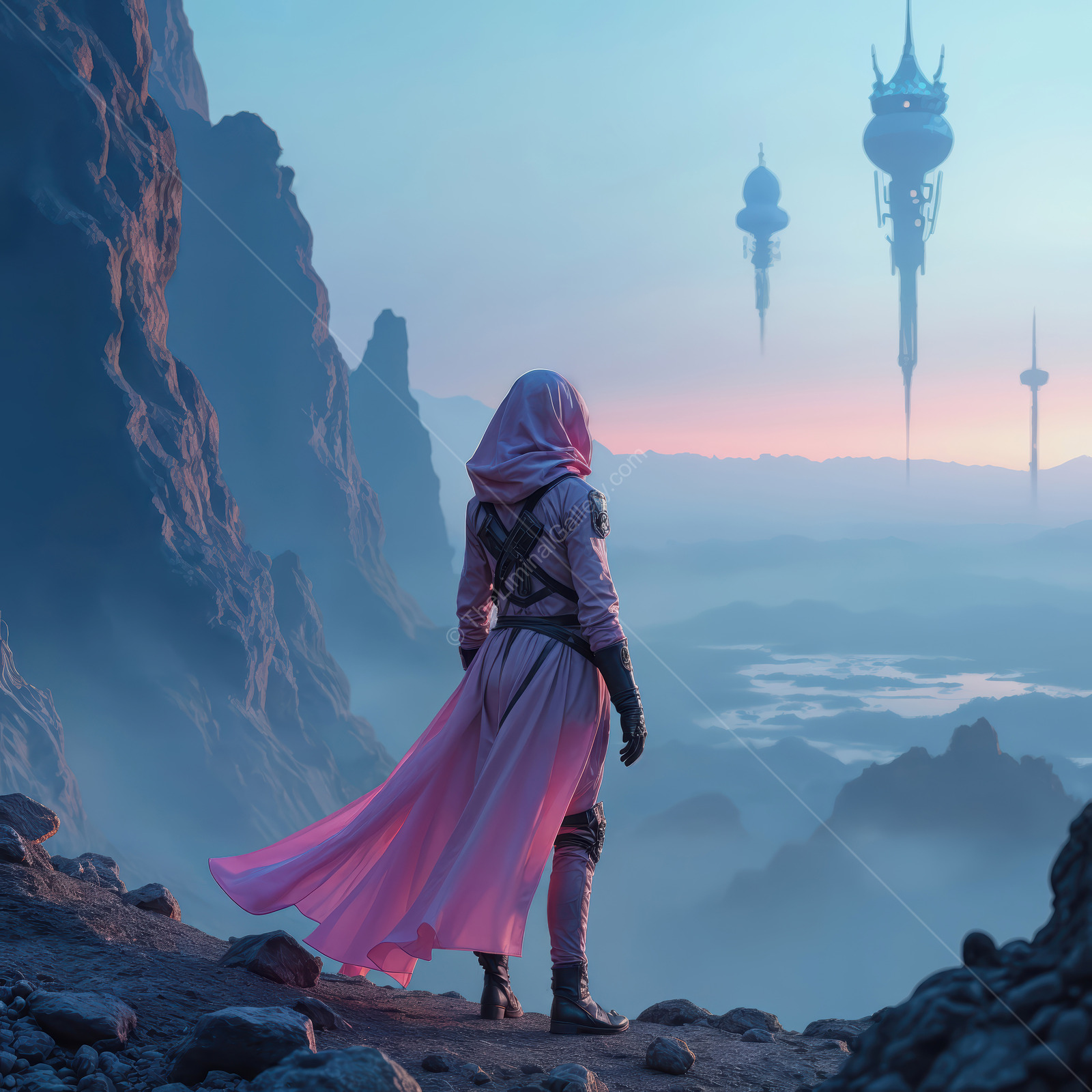 Mystical figure gazes at floating towers in a distant futuristic landscape during twilight