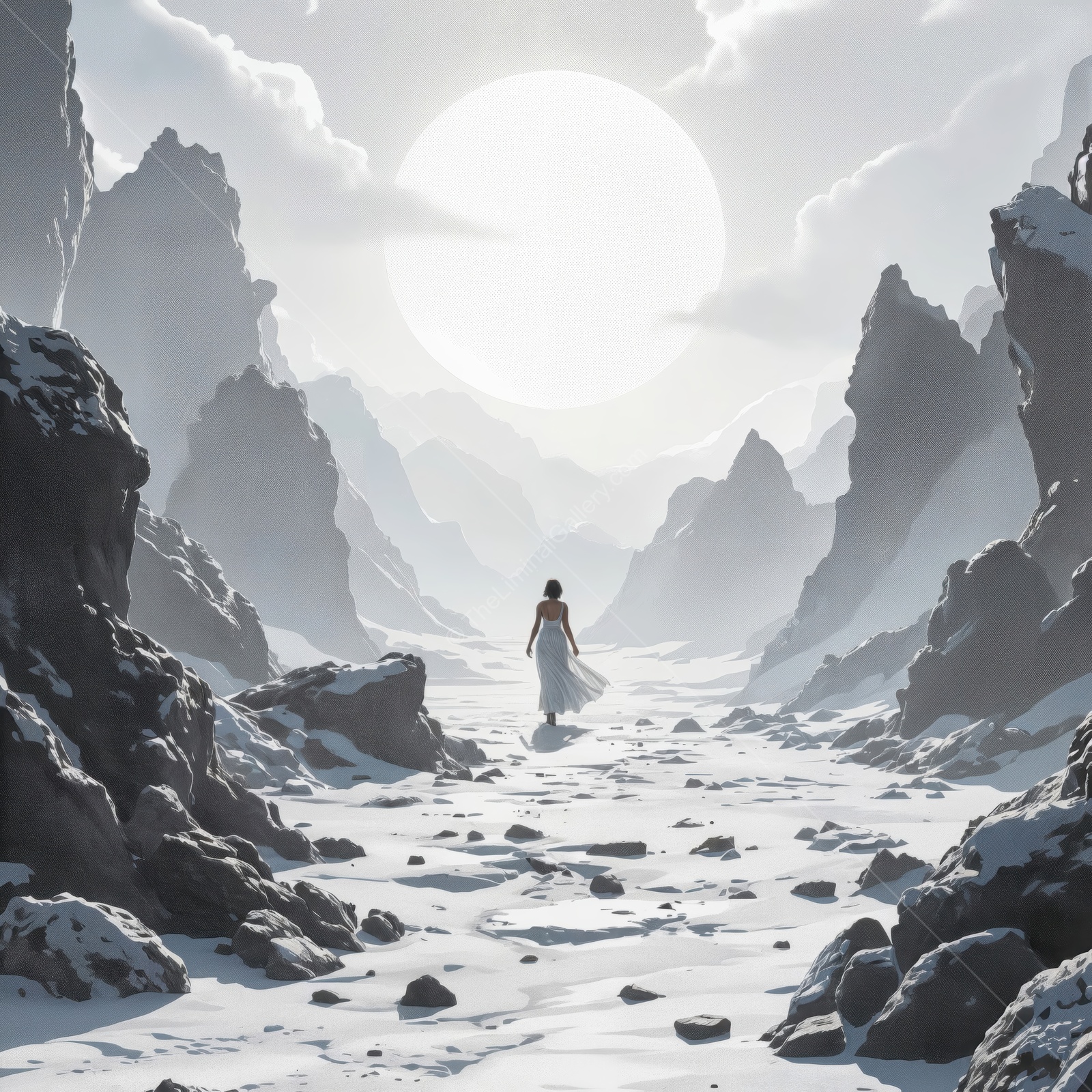Journey through a frozen realm under a massive sun in a mysterious sci-fi landscape
