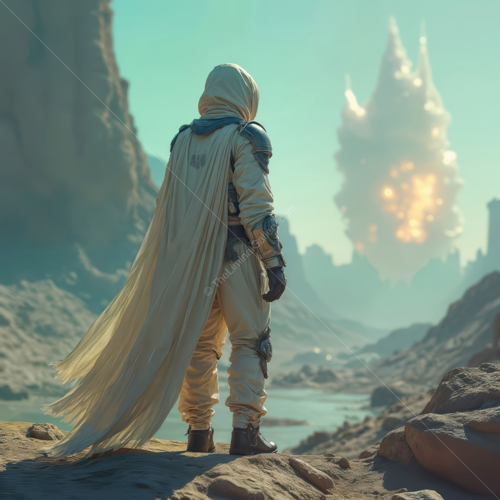 Futuristic wanderer gazes upon a distant explosion in a surreal alien landscape at twilight