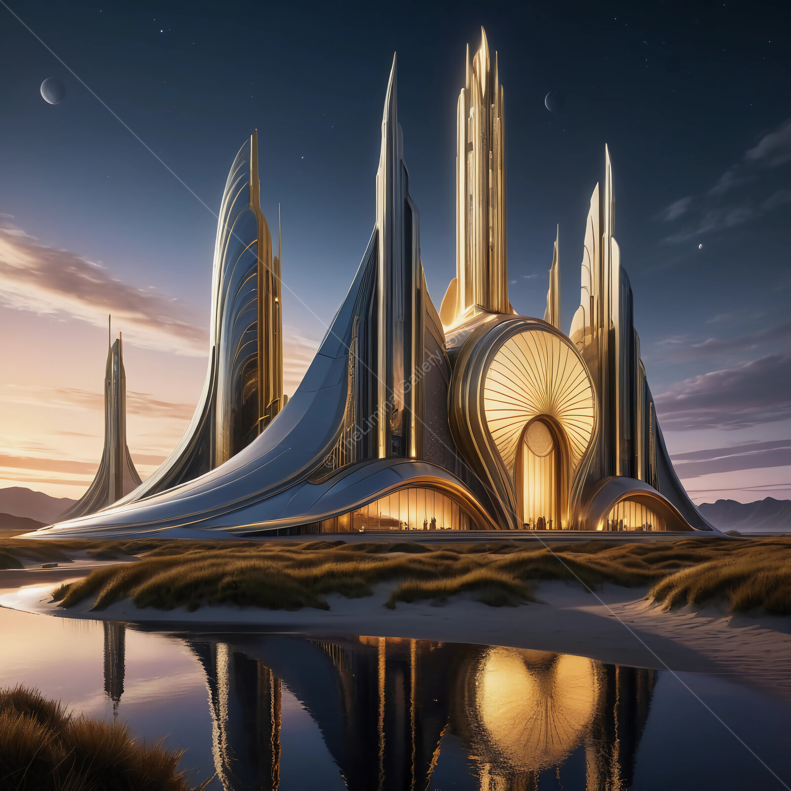 Majestic futuristic architecture reflected in serene waters at dusk in a tranquil landscape