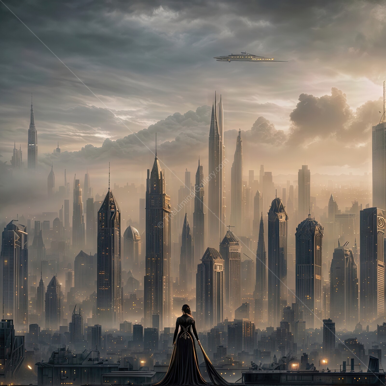 Futuristic skyline at dusk reveals towering skyscrapers and an otherworldly atmosphere