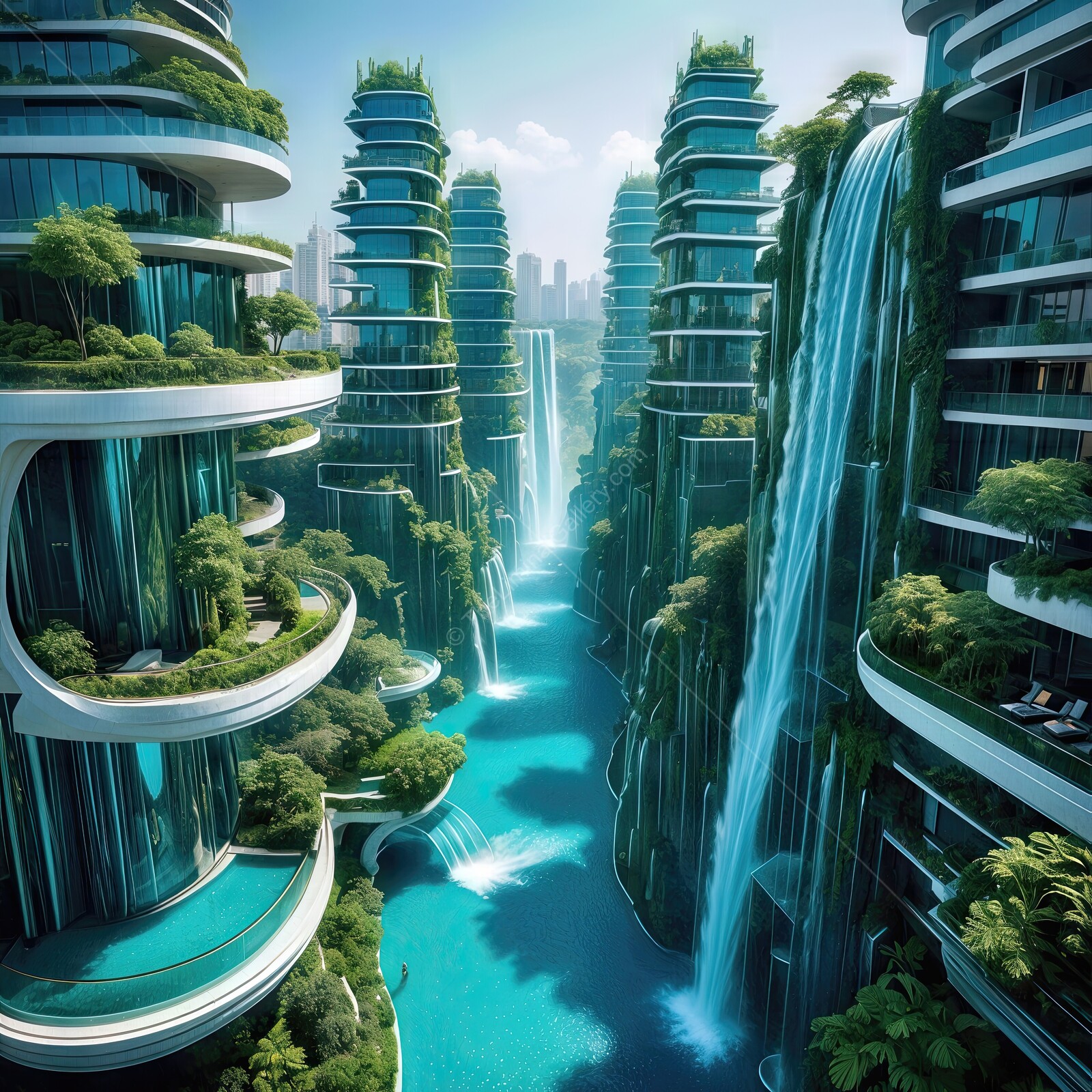 Futuristic city with vertical gardens and cascading waterfalls amid a tranquil waterway