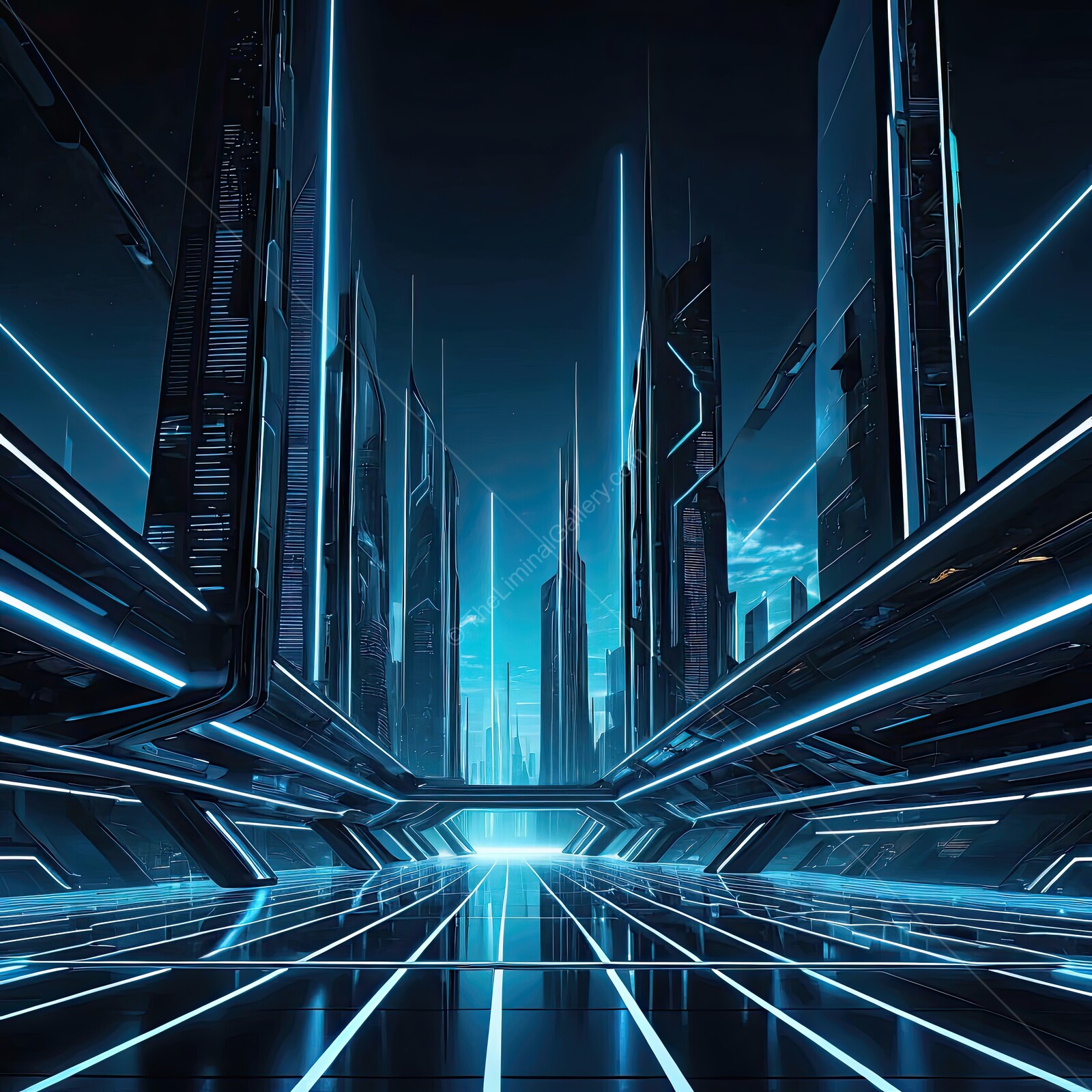 Futuristic cityscape illuminated by neon lights at night time