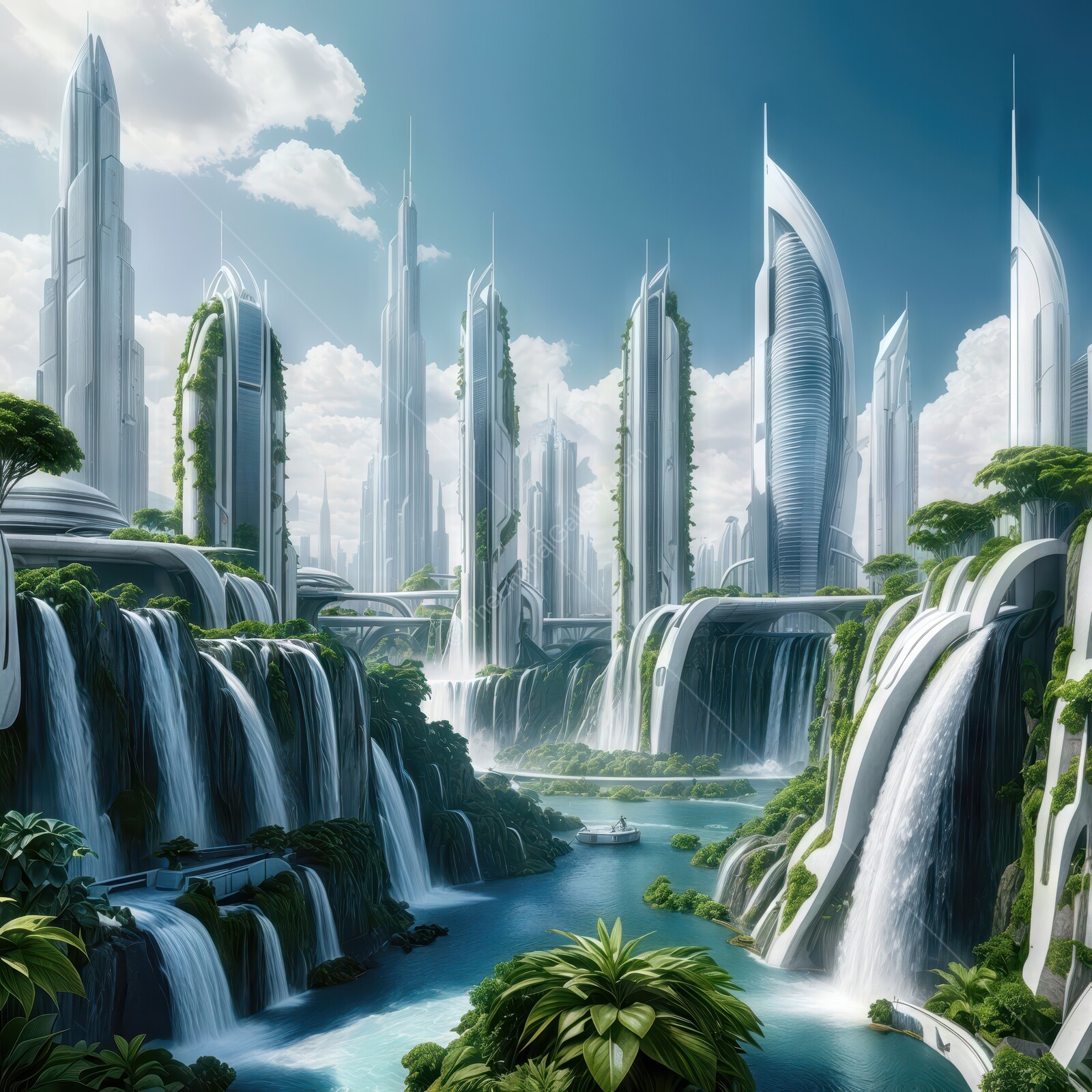 Futuristic cityscape with cascading waterfalls and lush greenery under a bright blue sky