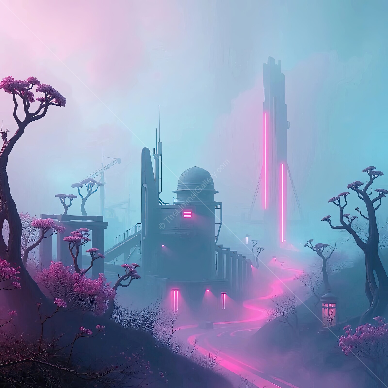 Futuristic landscape with glowing structures amid pink-hued fog before dawn