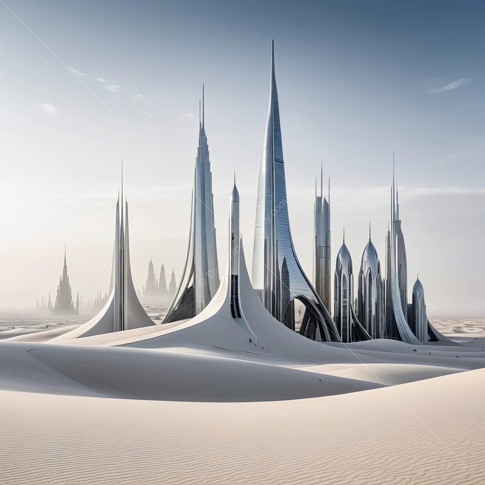 Futuristic skyscrapers rise majestically from the endless desert sand under a clear blue sky