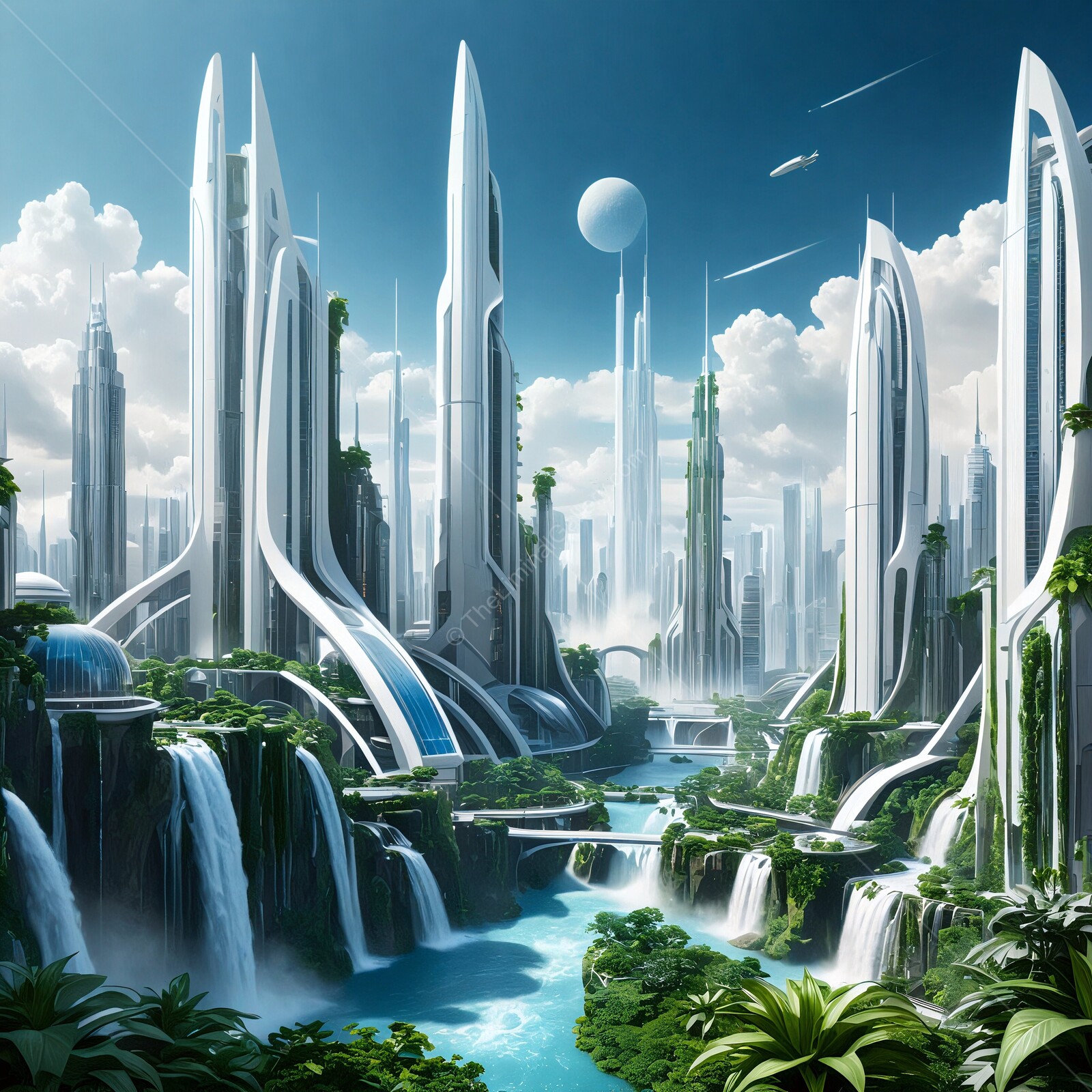 Futuristic cityscape with cascading waterfalls and soaring skyscrapers under a bright blue sky