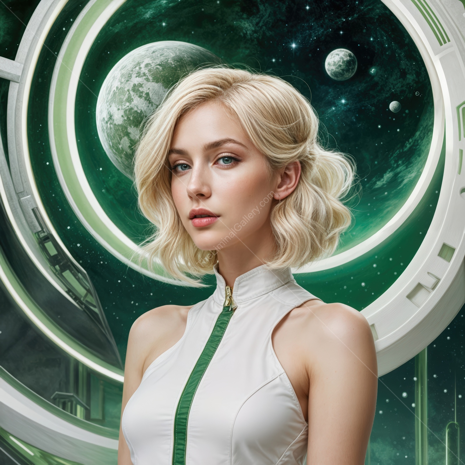 Futuristic woman with wavy hair stands confidently in a cosmic setting with green accents and celestial bodies