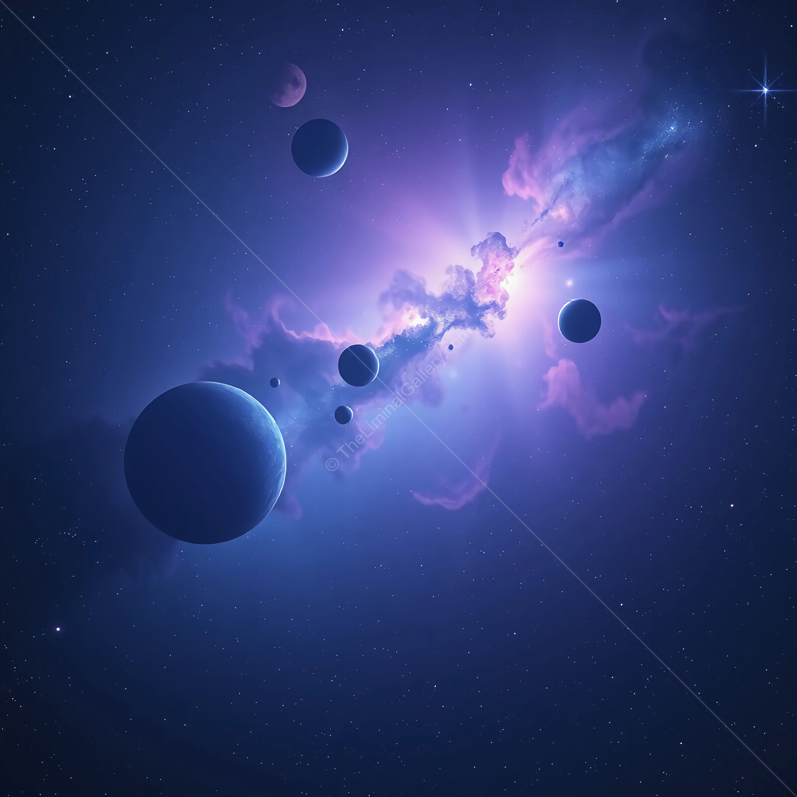 Exploring the vibrant cosmos with swirling galaxies and distant planets in a captivating night sky