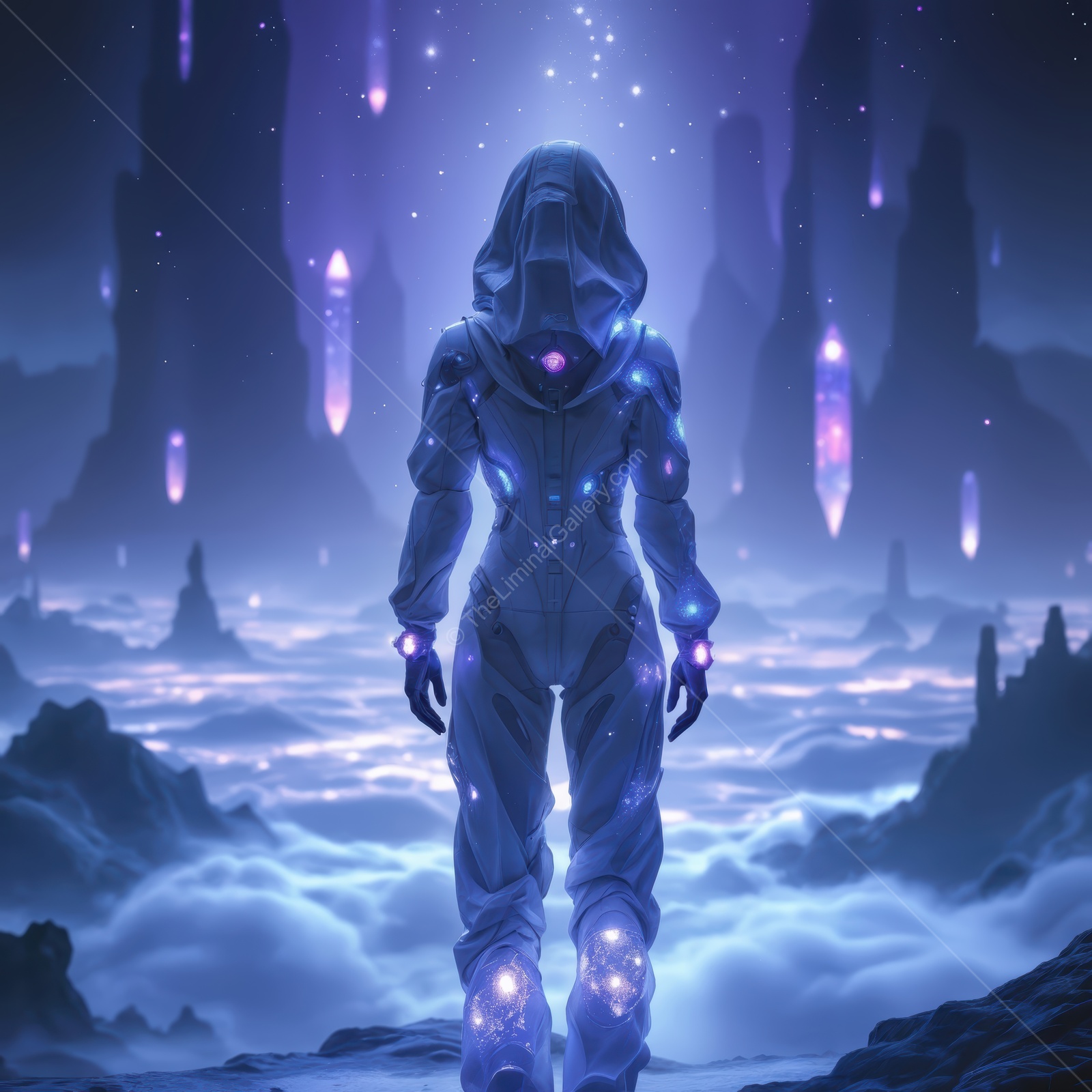 Wonder and mystery unfold in a distant alien landscape with glowing crystals and a lone figure
