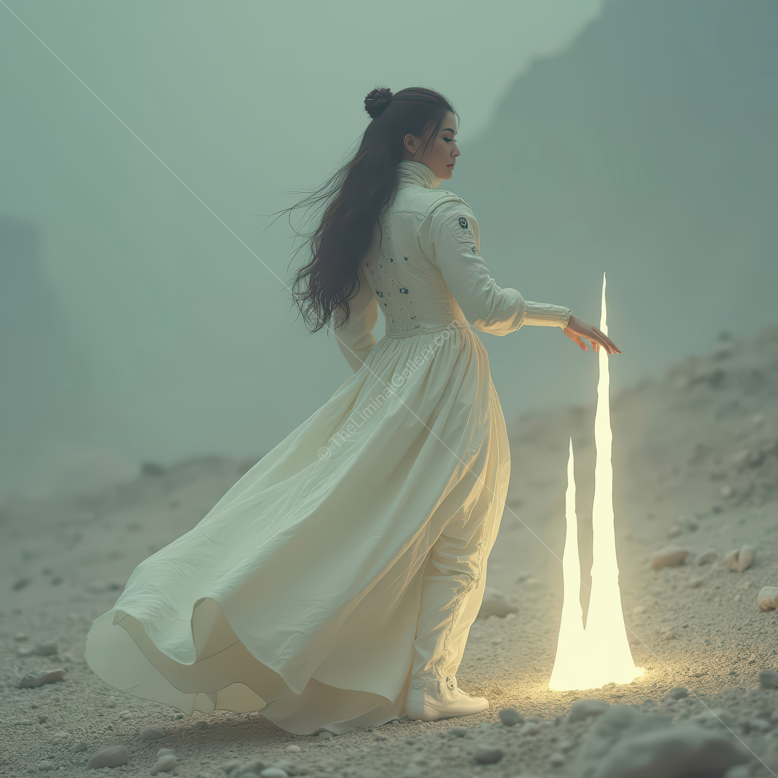 Daring explorer in a white gown encounters glowing crystals on a misty alien landscape