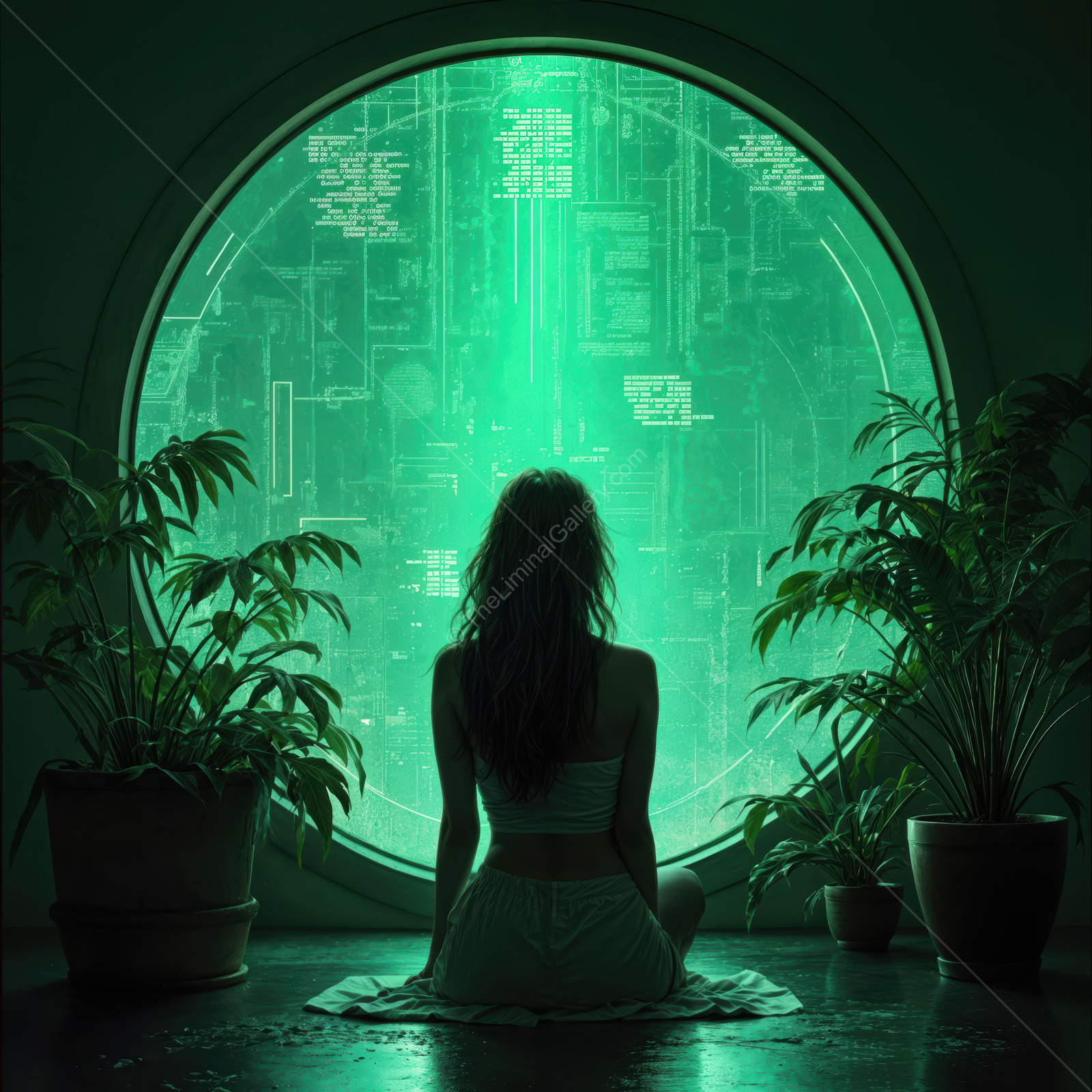 Exploring a futuristic world through a glowing portal in a lush, green environment at twilight