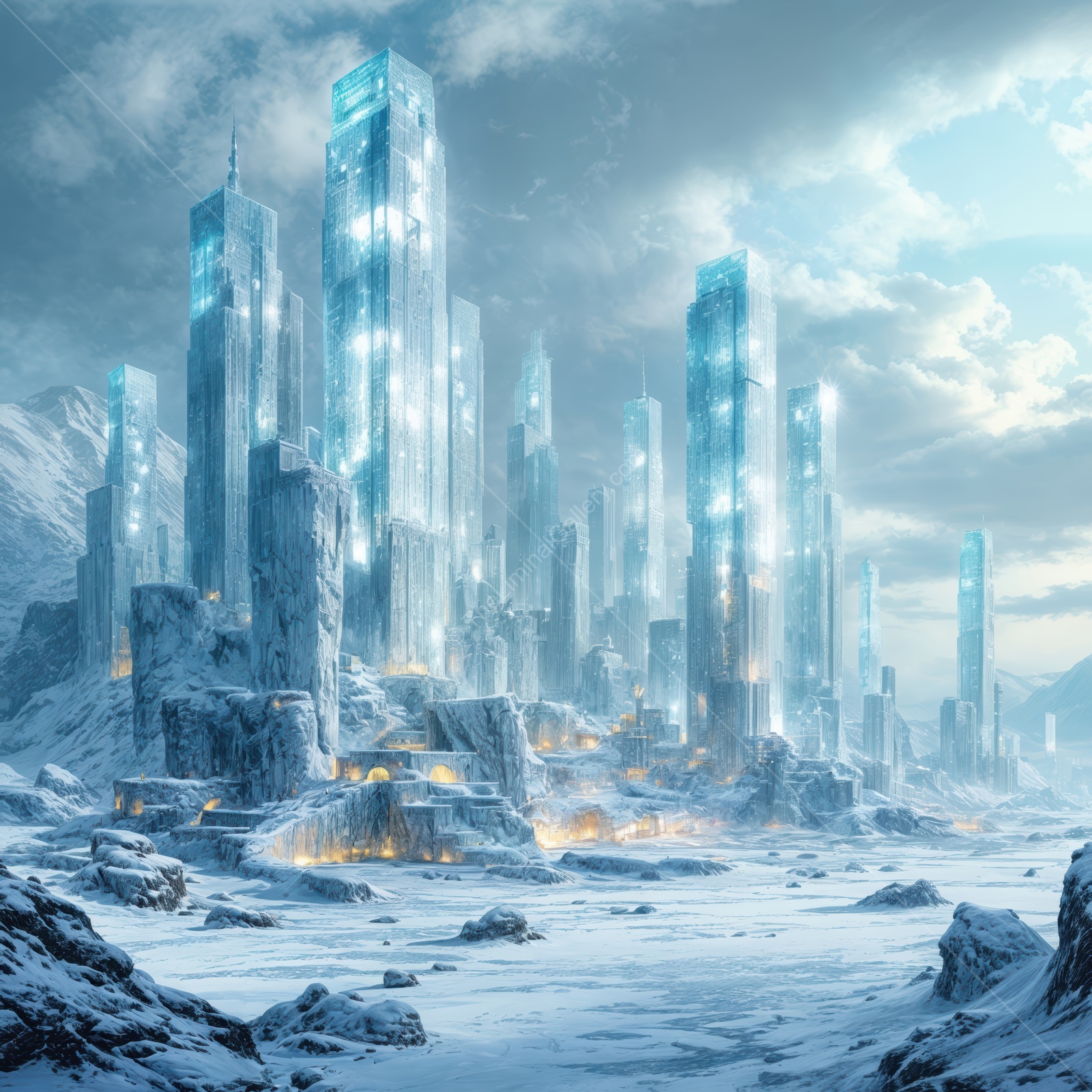 Futuristic ice city glows beneath a cold sky as towering structures pierce the clouds