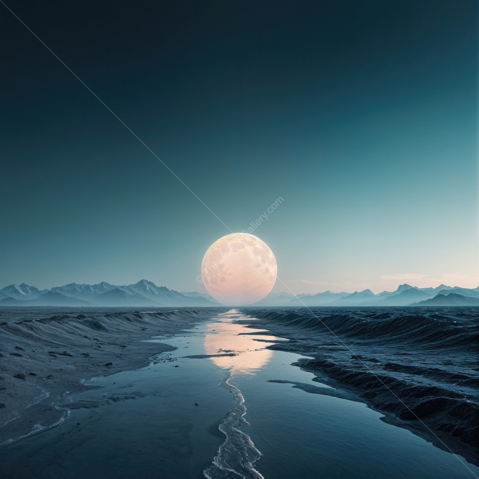 Expansive sci-fi landscape with a glowing moon rising over a serene river at twilight