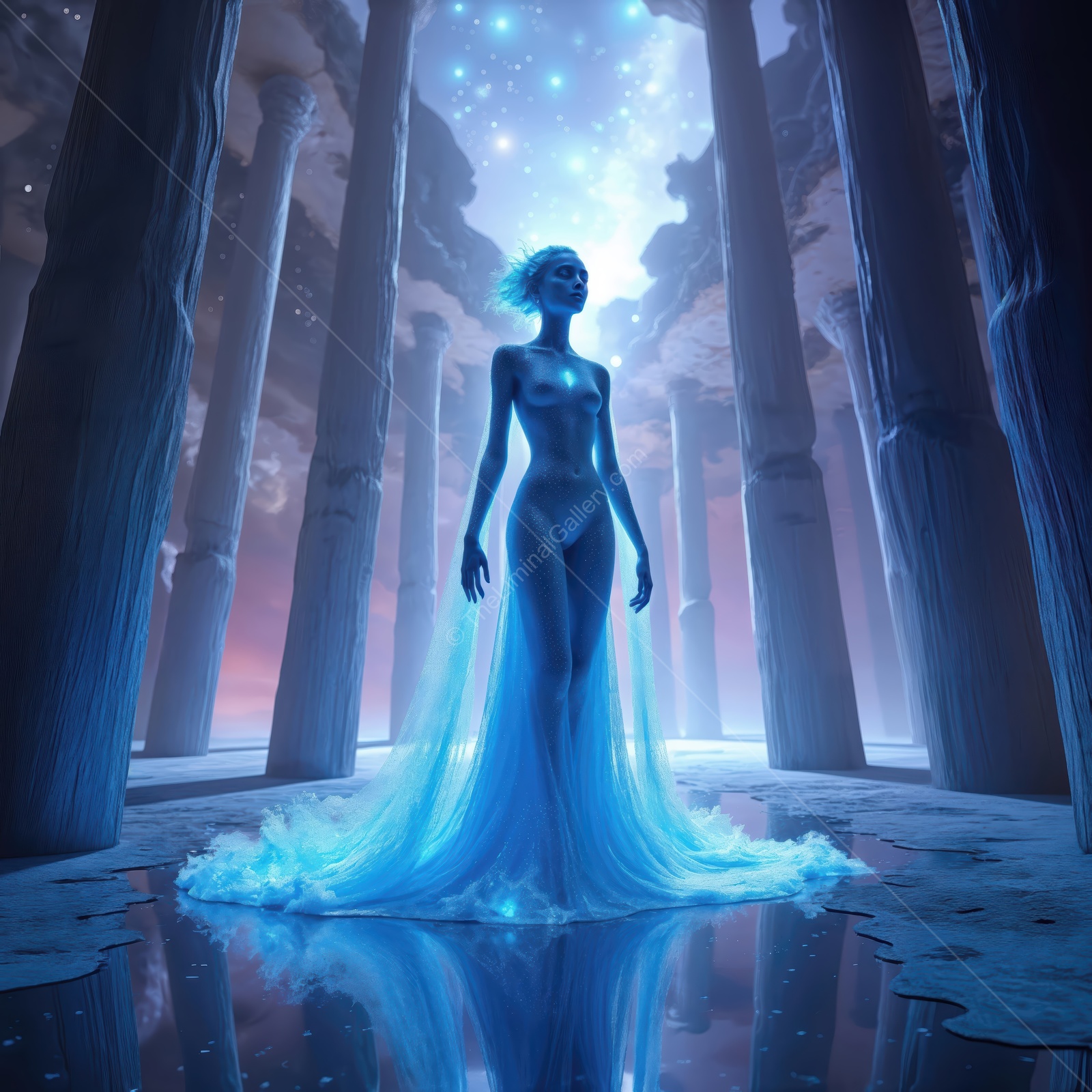 Mystical figure in a futuristic temple surrounded by glowing pillars at twilight