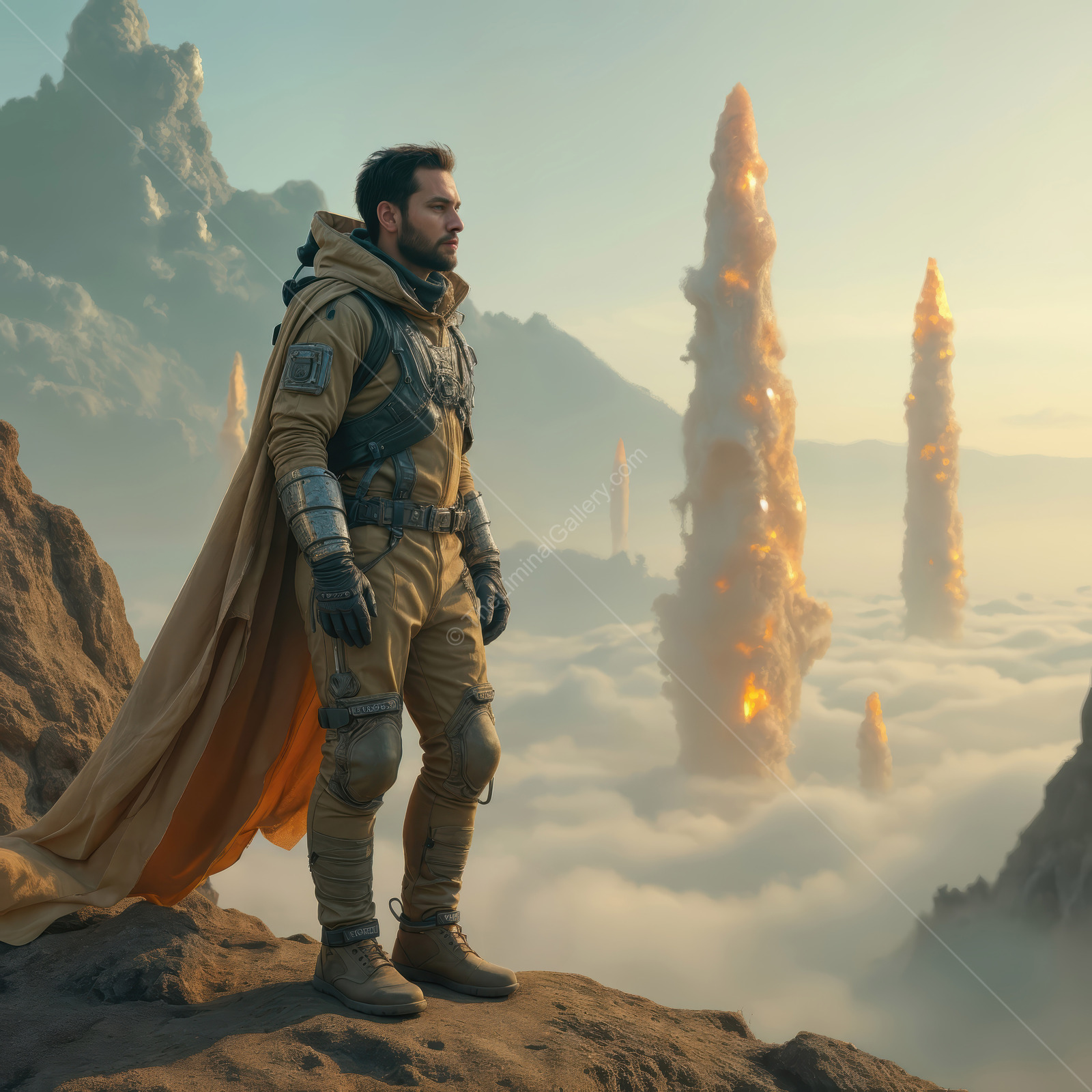 Heroic figure stands on rocky cliff, overlooking a mystical landscape filled with glowing pillars amidst swirling clouds in a distant future