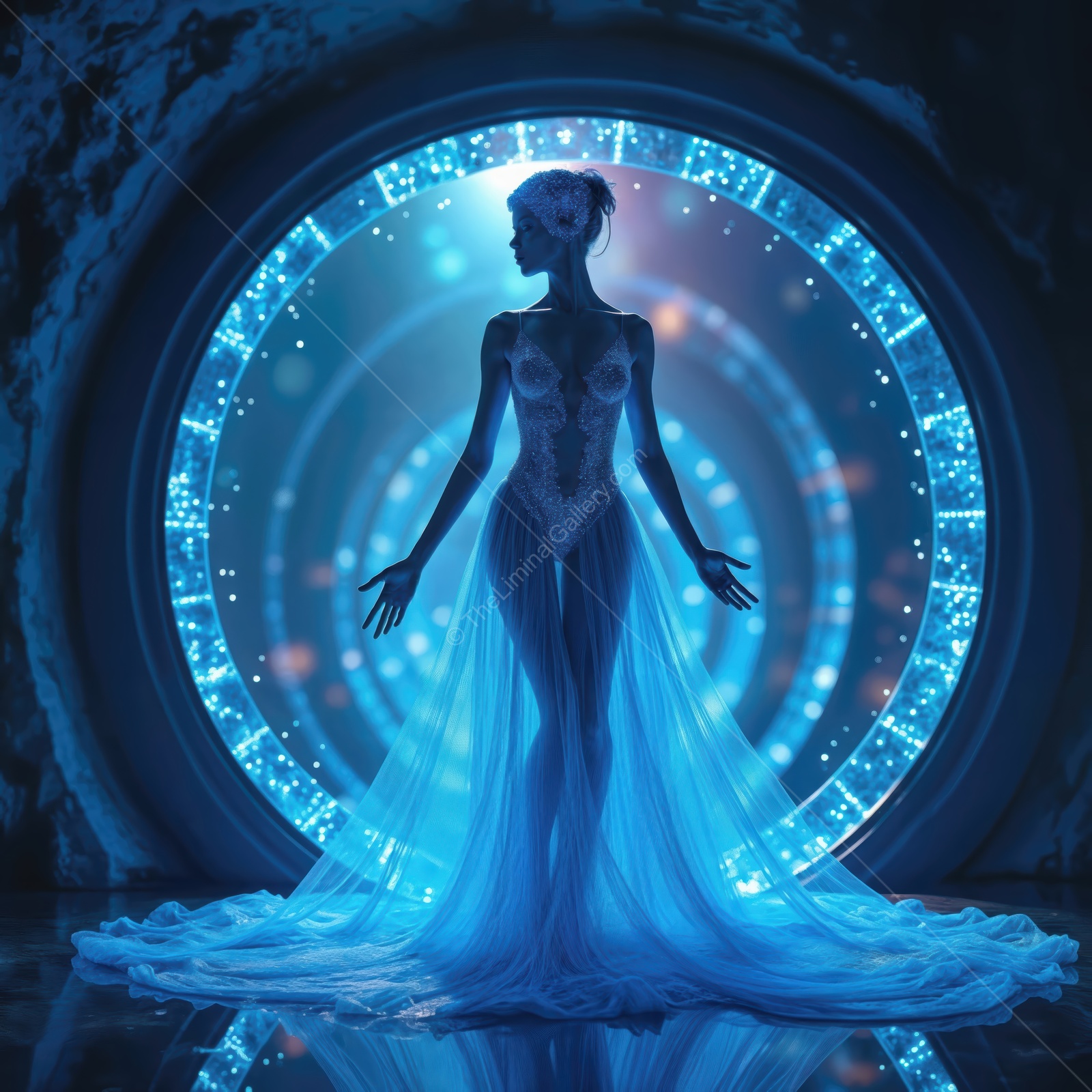 Futuristic figure in flowing attire standing in a glowing portal surrounded by shimmering lights