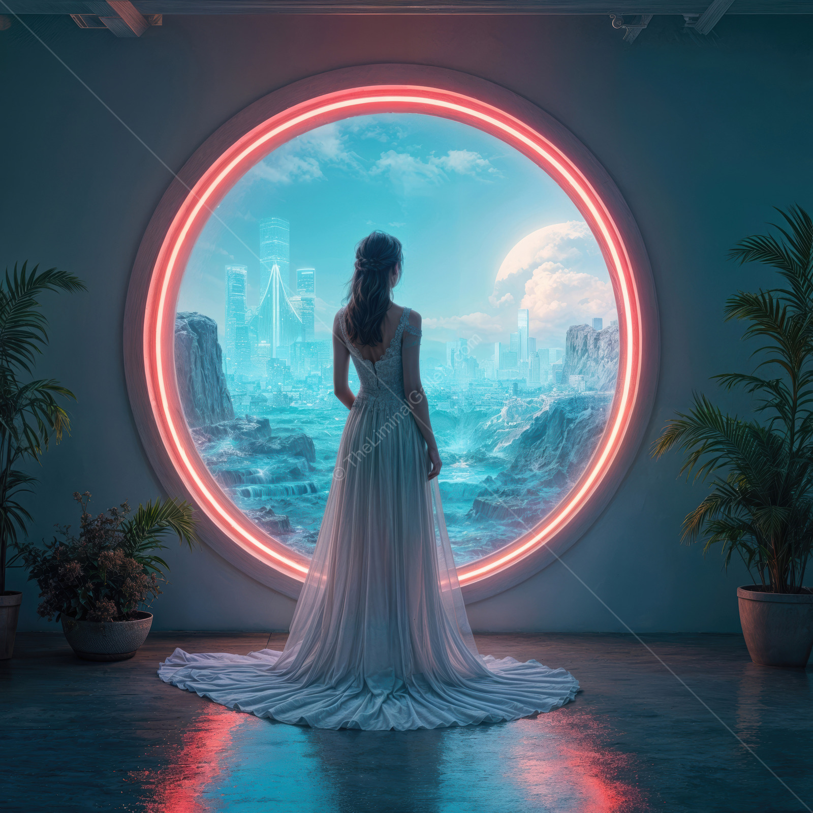 Enchanted by a futuristic world through a glowing portal in a sci-fi dreamscape