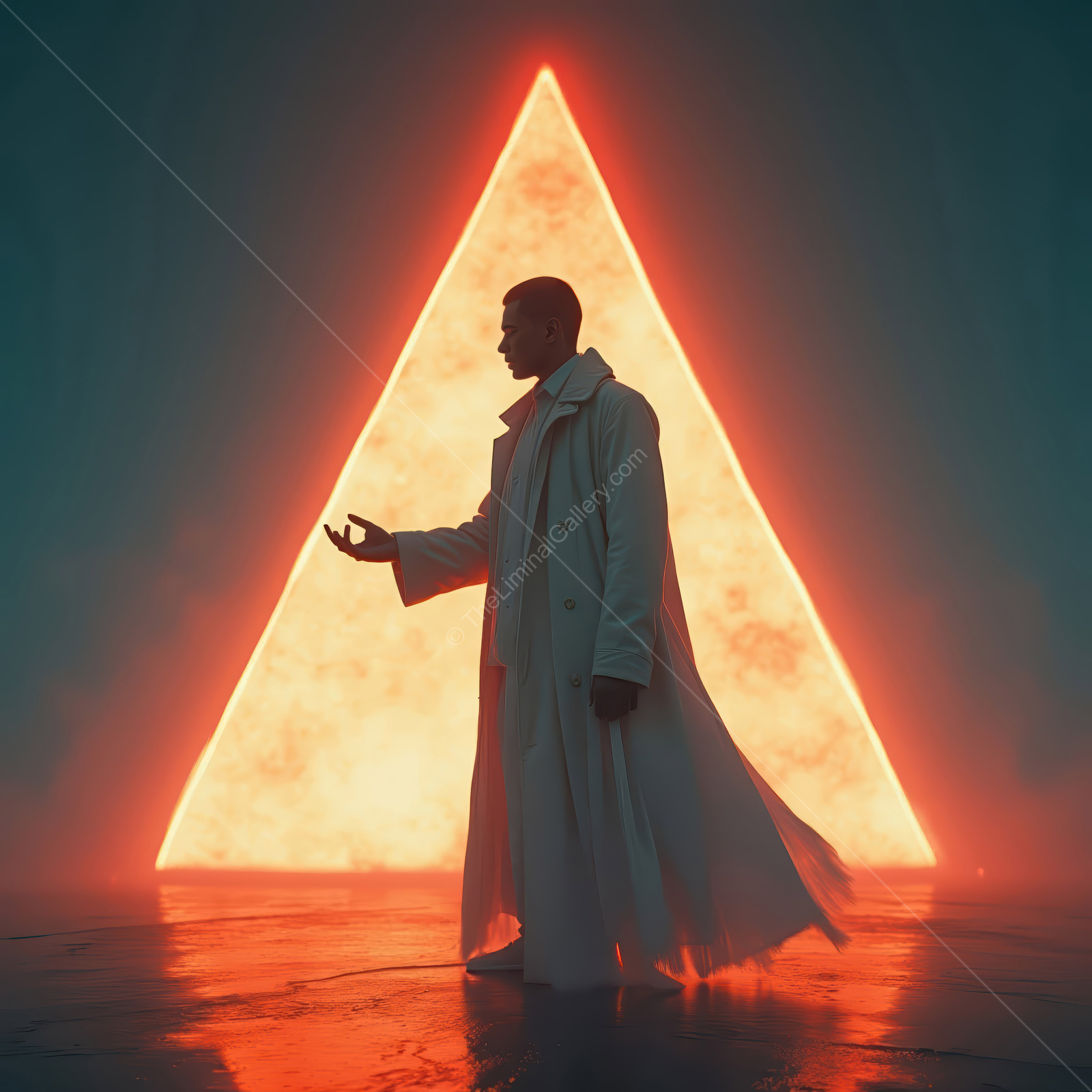 Mysterious figure reaching toward glowing triangle in a futuristic landscape at twilight