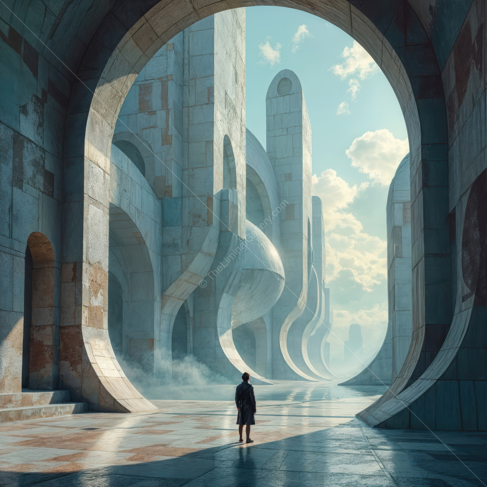 Exploring a futuristic city with sweeping arches and towering structures under a bright sky