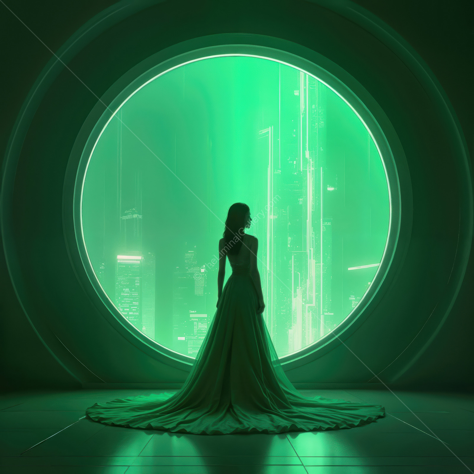 In a futuristic green realm, a silhouette gazes out at a vibrant cityscape illuminated by glowing skyscrapers