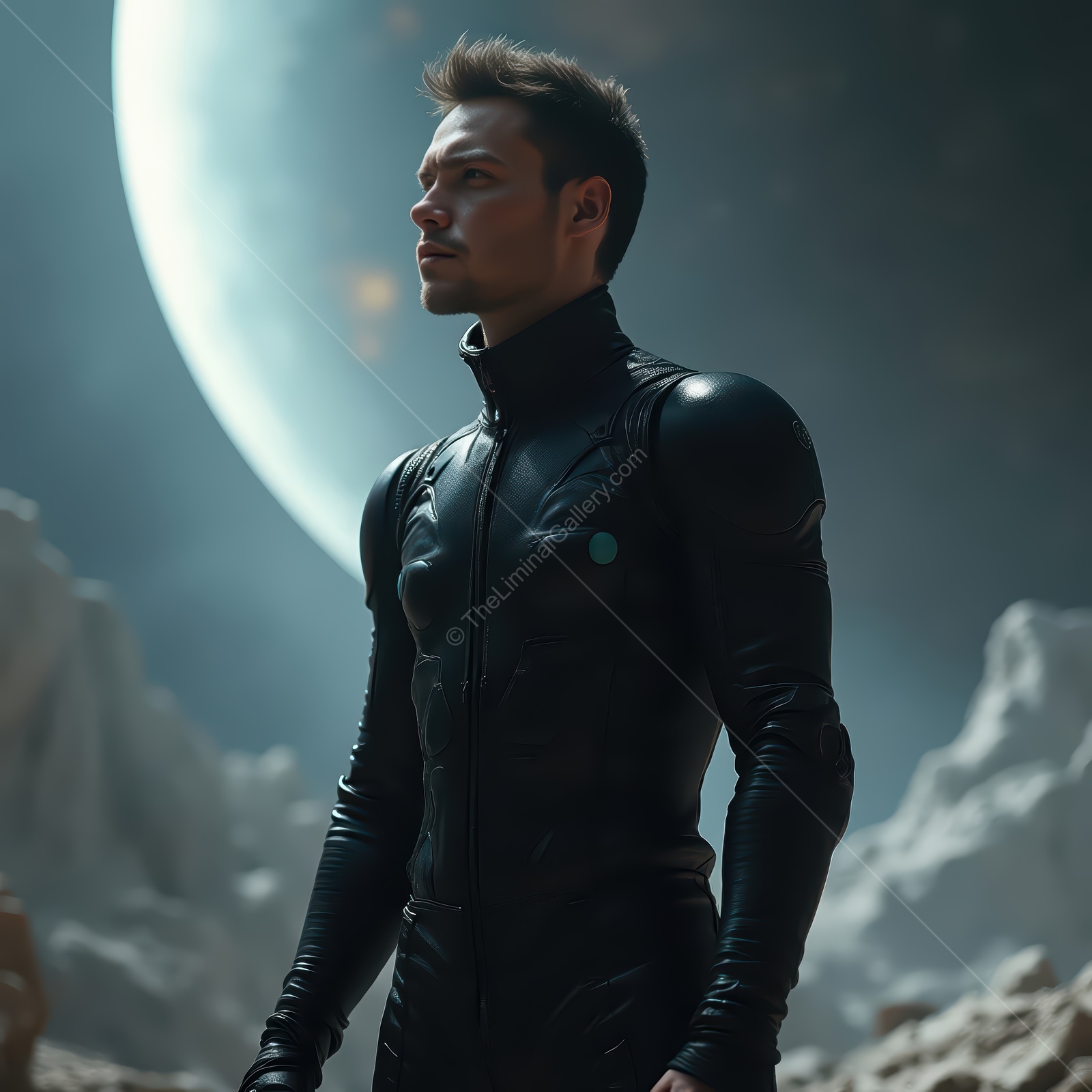 Hero stands strong in futuristic outfit on alien planet, illuminated by the glow of a large moon