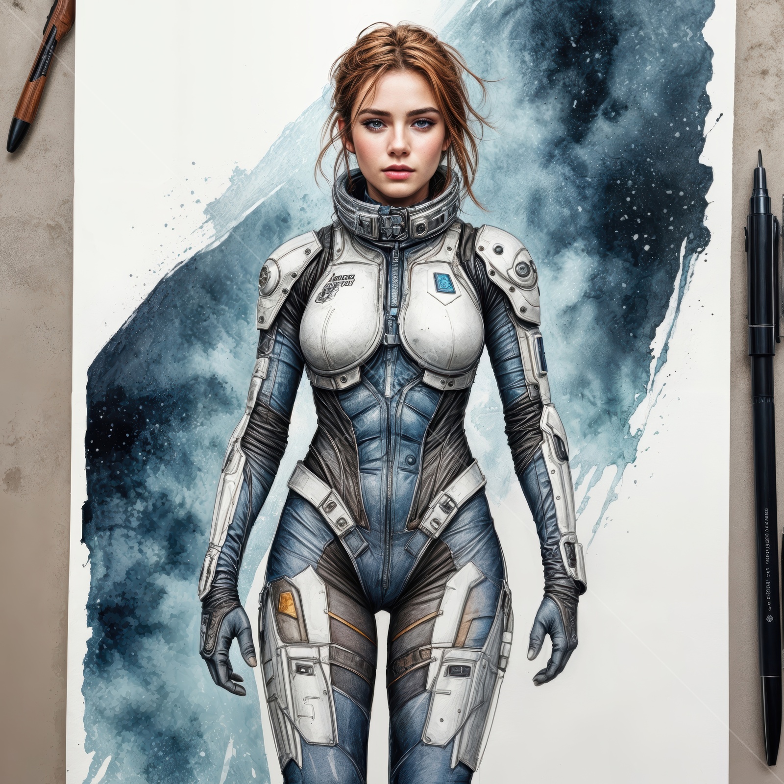 Futuristic explorer in a sleek, high-tech suit standing against a swirling galactic backdrop during an epic journey in a distant universe