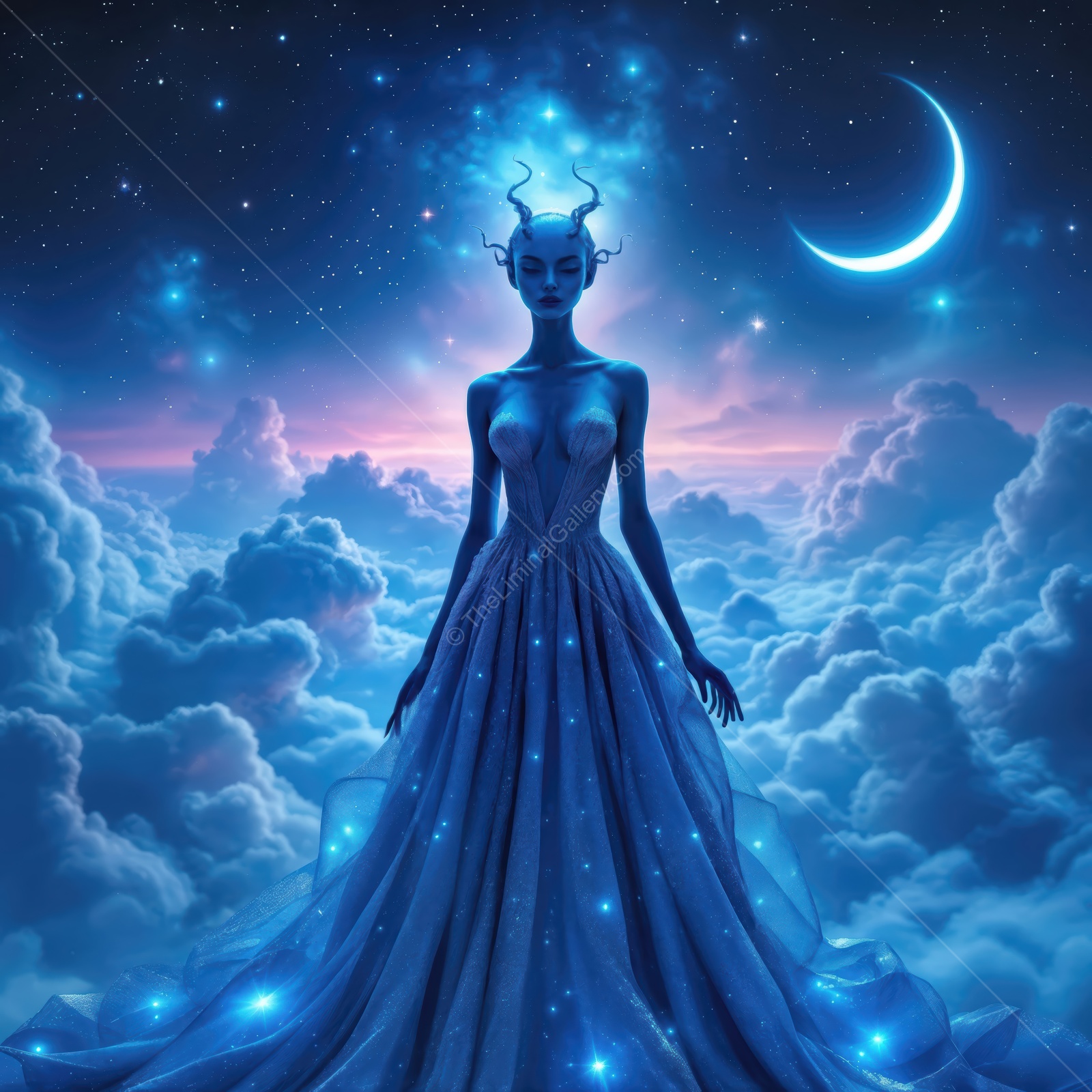 Enigmatic figure stands among glowing clouds beneath a crescent moon in a mystical sci-fi realm
