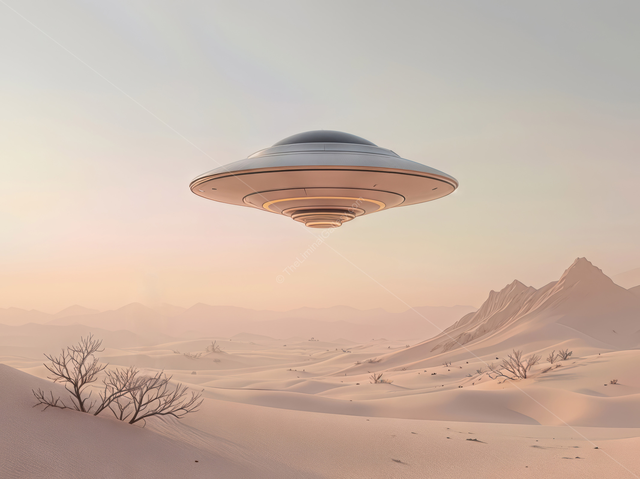 Mysterious spacecraft hovers over an expansive sandy landscape at dusk