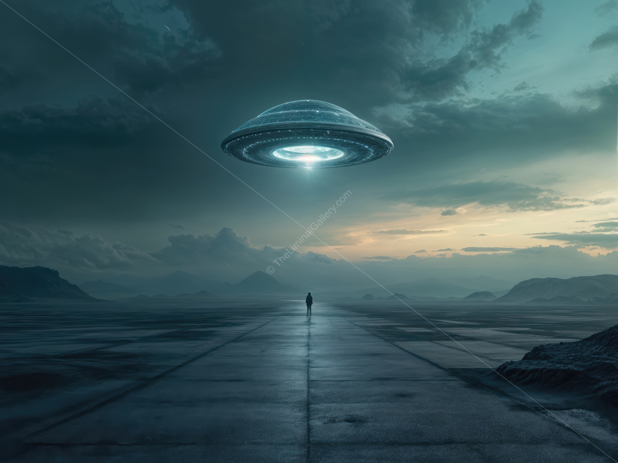 Mysterious spaceship hovers above a distant landscape at sunset as a lone figure gazes in wonder