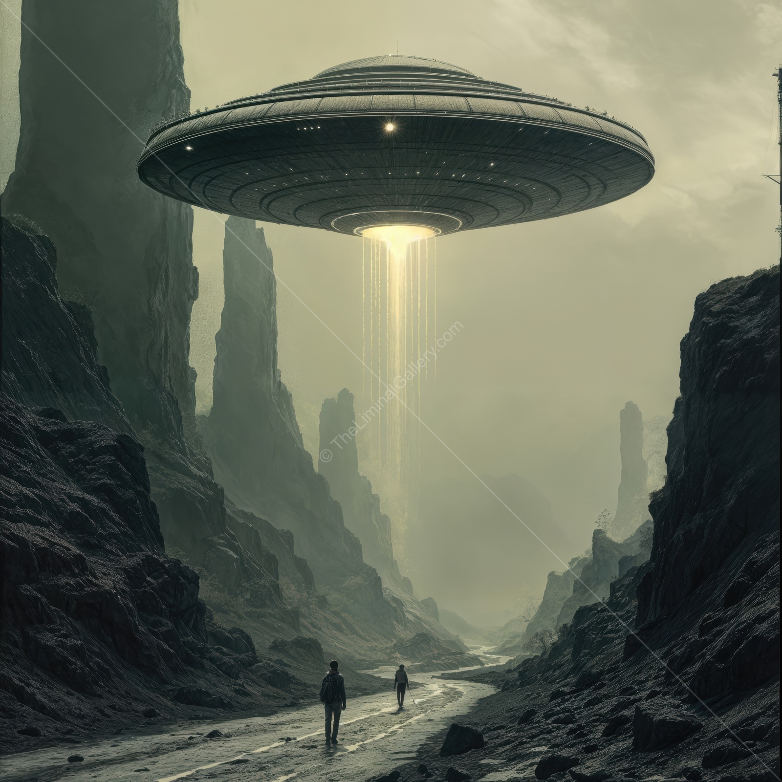 Mysterious spacecraft hovers over a rocky canyon as explorers walk toward the unknown