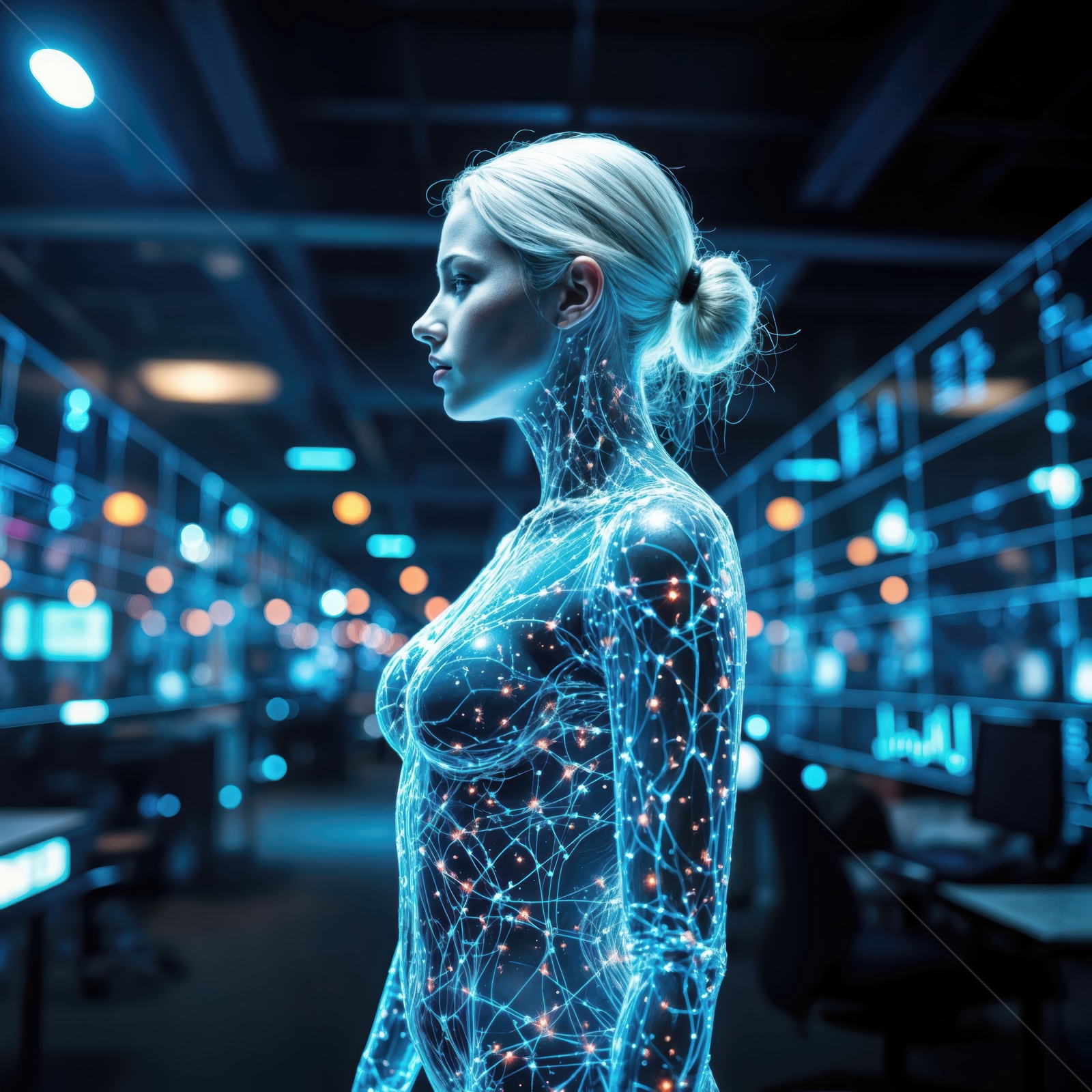 Exploring a futuristic world where human capabilities merge with advanced technology in a high-tech environment full of glowing data