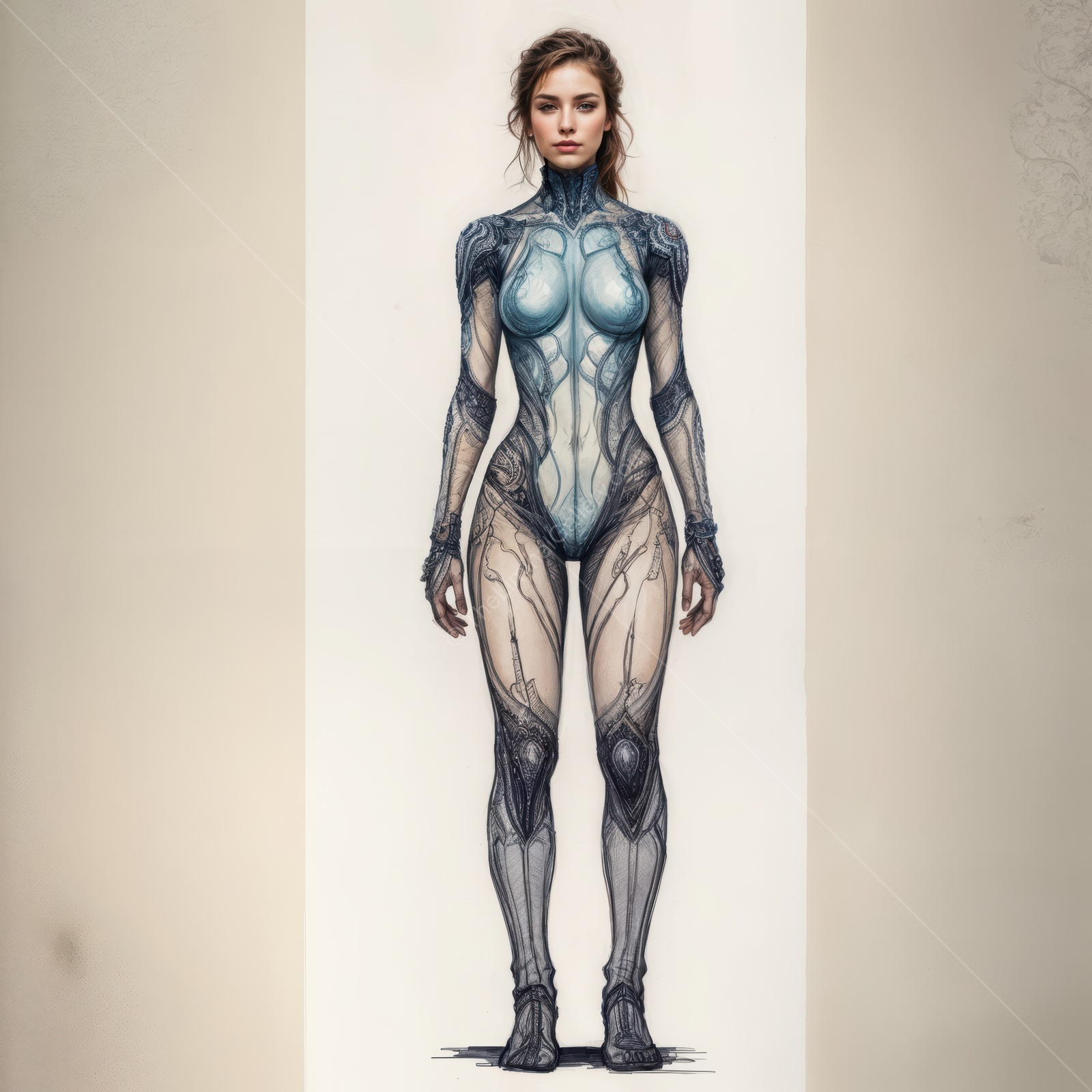 Futuristic humanoid character stands in a sleek, high-tech outfit in a sci-fi setting, showcasing a blend of elegance and advanced technology