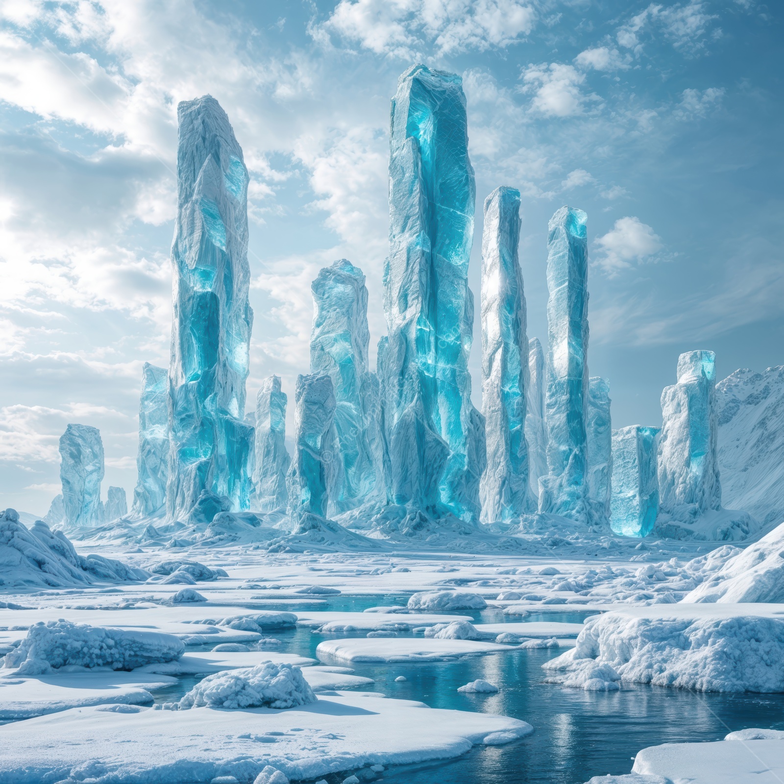Majestic ice towers reach for the sky in a breathtaking sci-fi landscape under a serene sky
