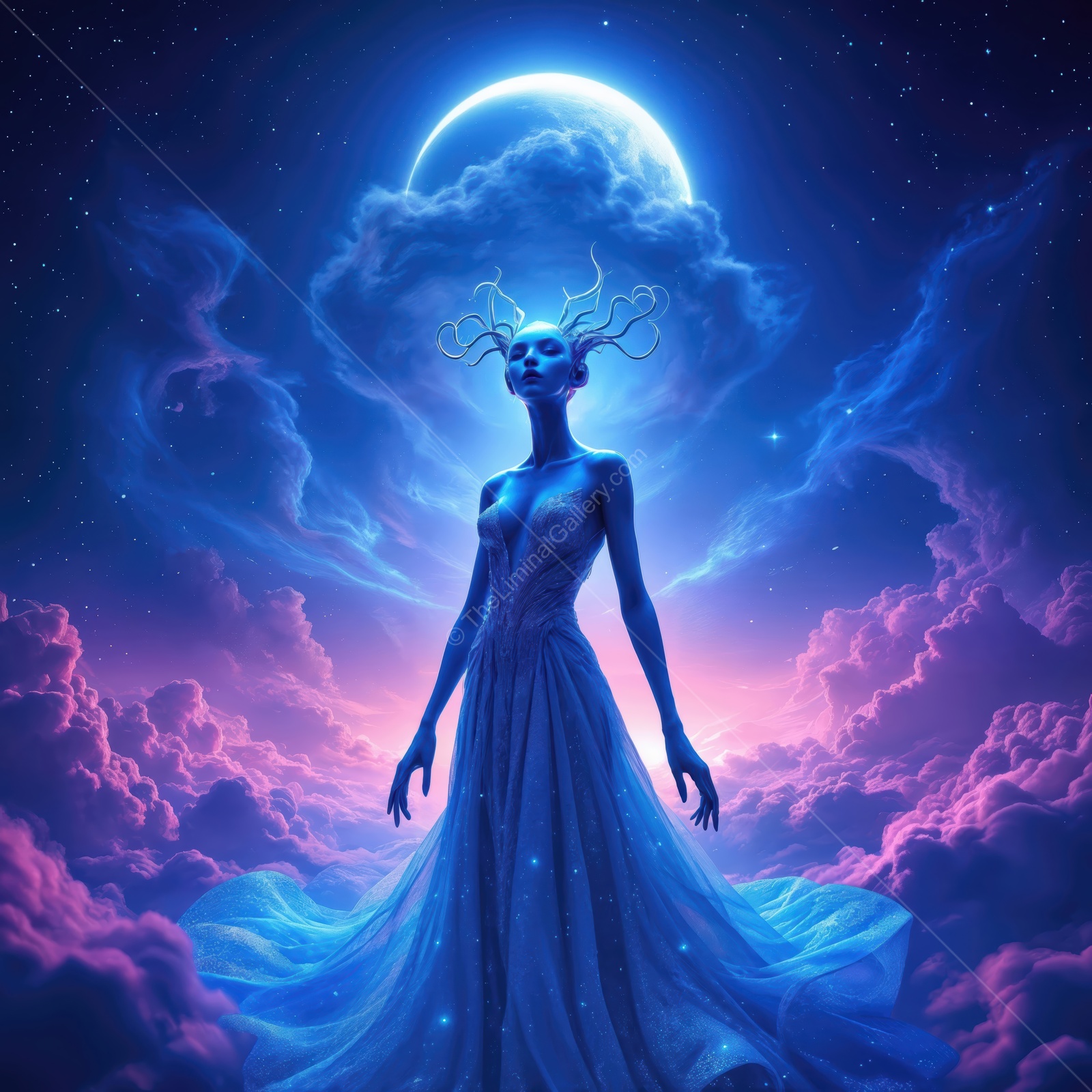 Ethereal being illuminated by a glowing moon, surrounded by vibrant clouds in a cosmic dreamscape