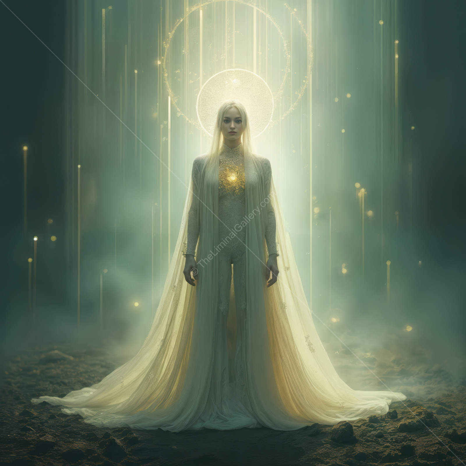 Mystical figure stands in a luminous realm, surrounded by ethereal lights and cosmic energy in a captivating sci-fi scene