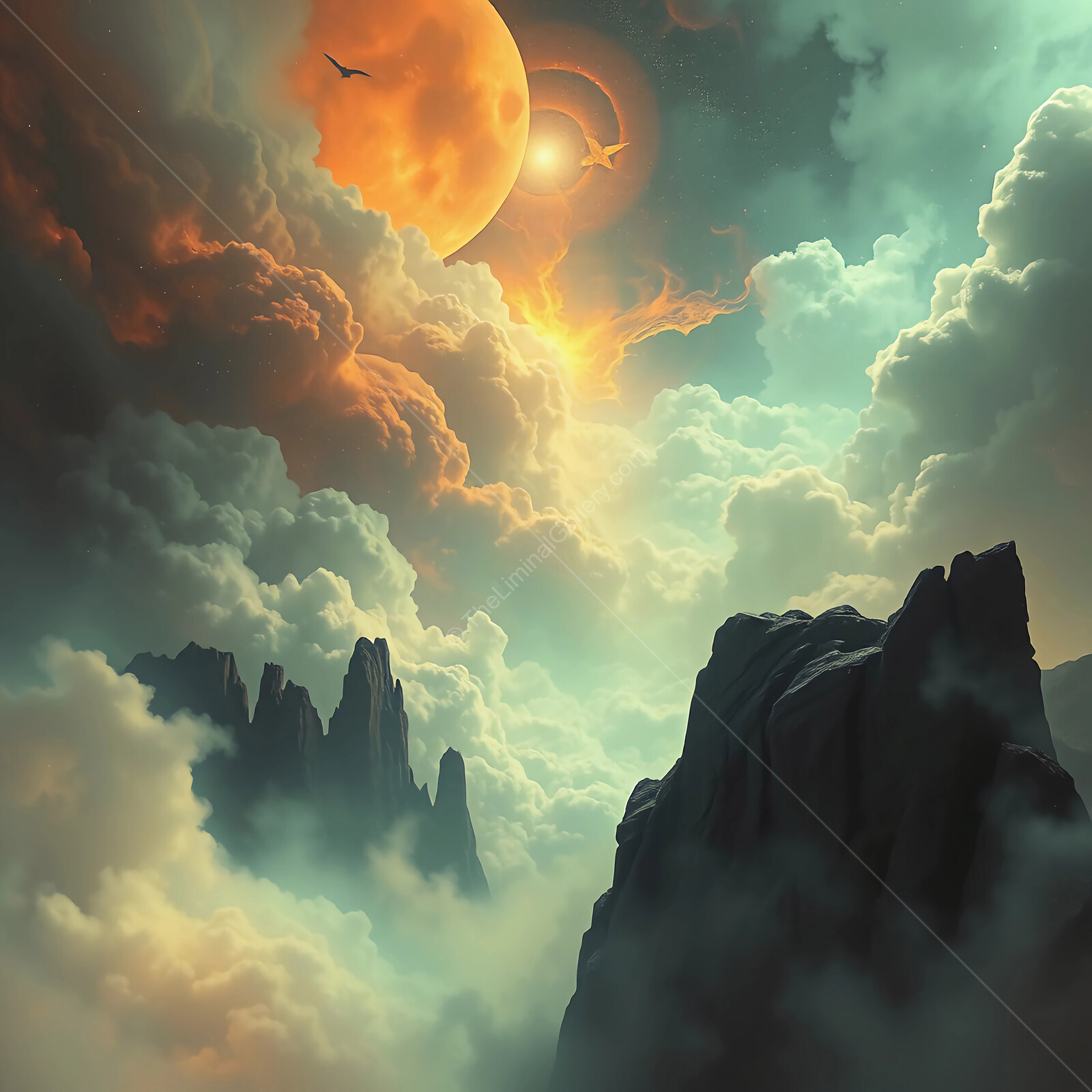Magical twilight landscape revealing vibrant moons and mystical clouds over rugged mountains