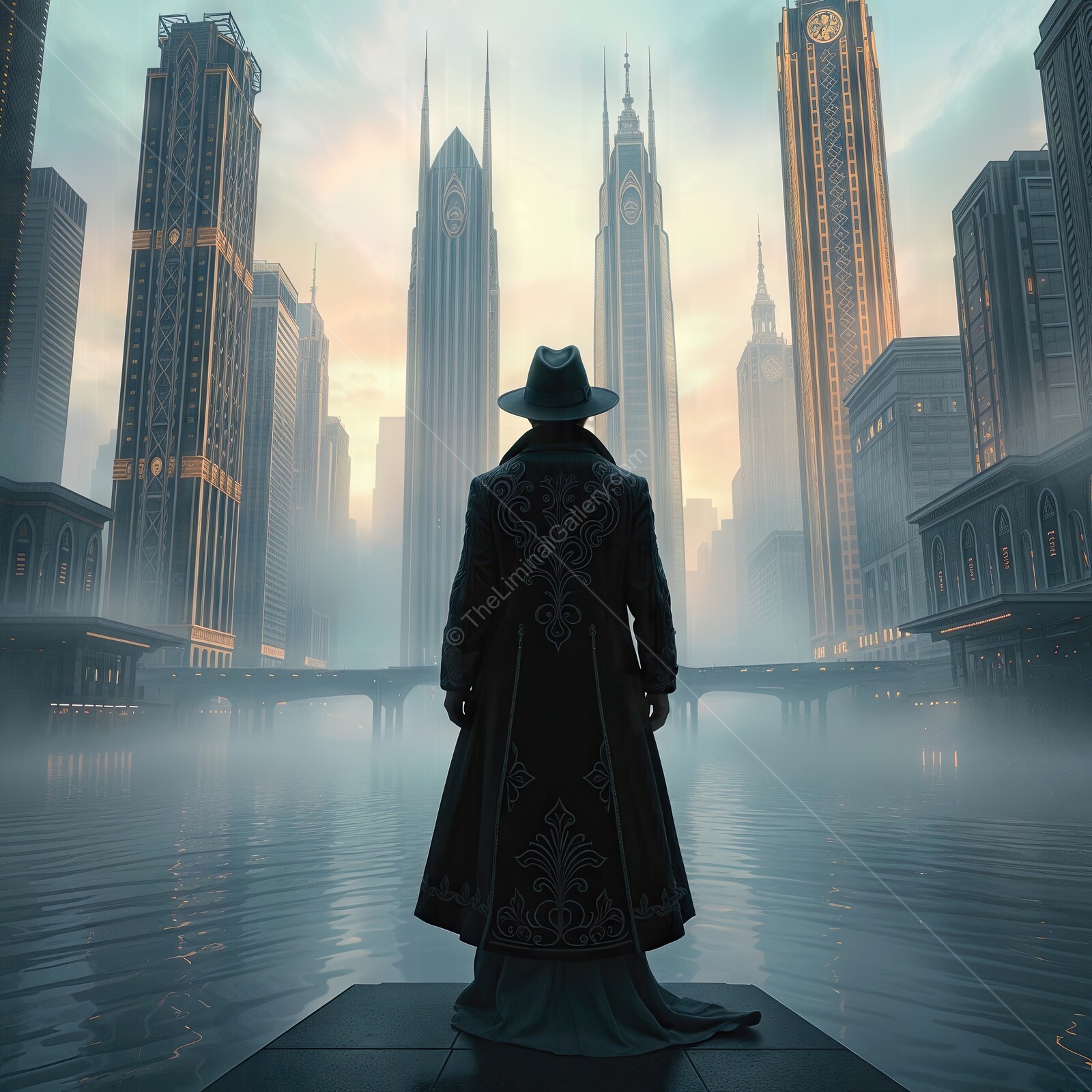 Majestic man gazes at towering city skyline enveloped in morning mist