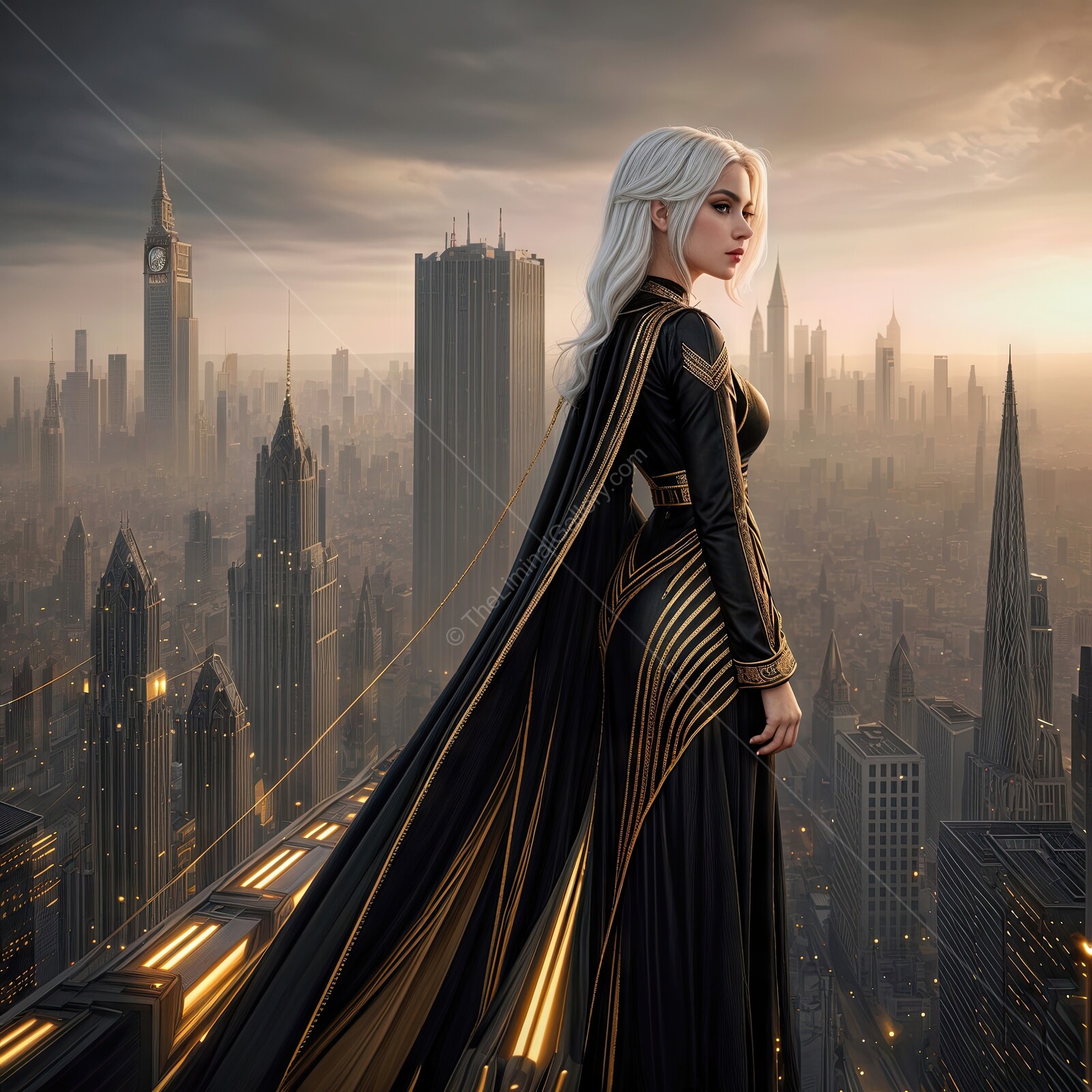 Majestic woman overlooking a futuristic city skyline during golden hour