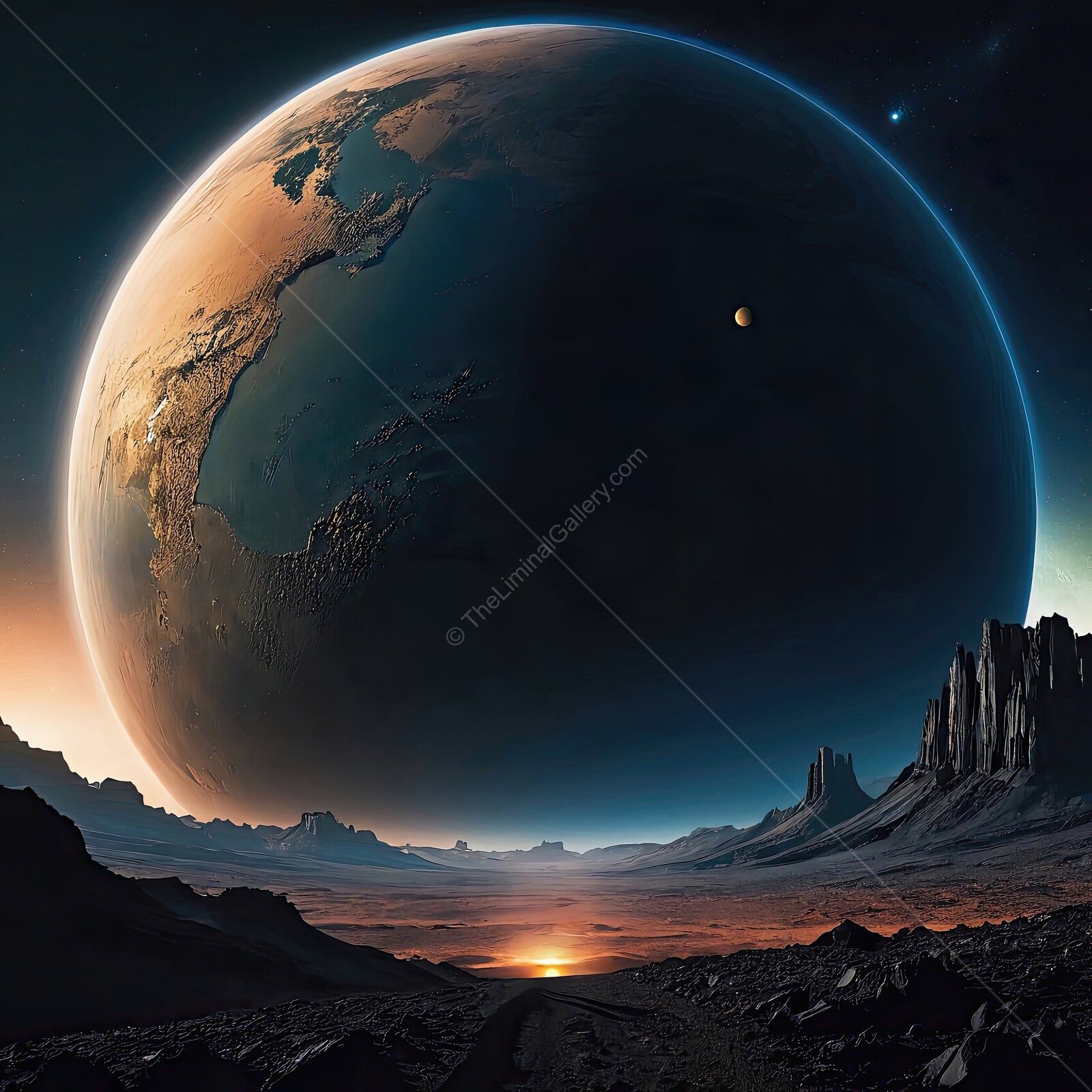 Majestic view of a distant planet and its glowing horizon at dusk, showcasing cosmic beauty and wonders