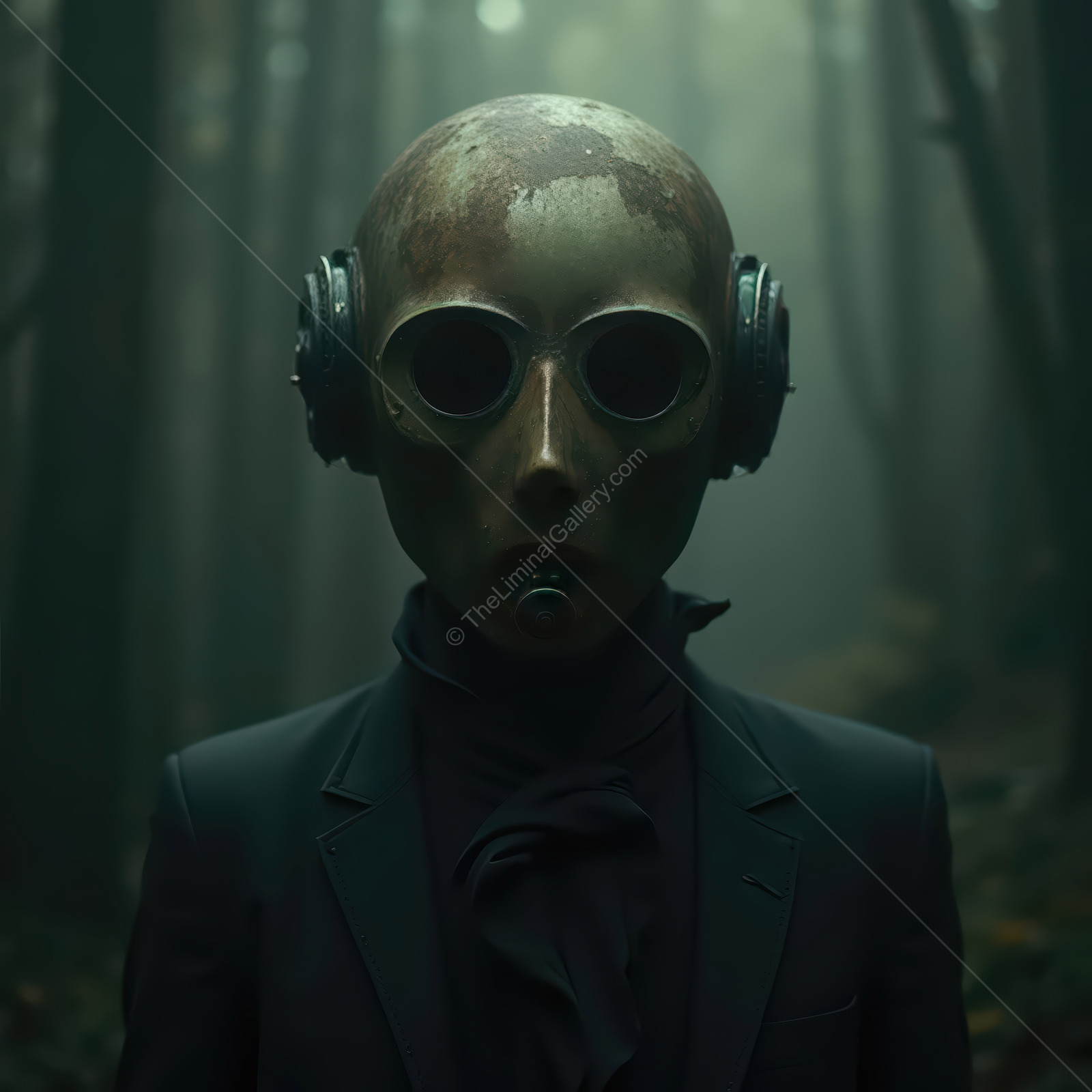 Mysterious figure in a dark forest wearing a unique mask and headphones evokes a captivating sci-fi atmosphere