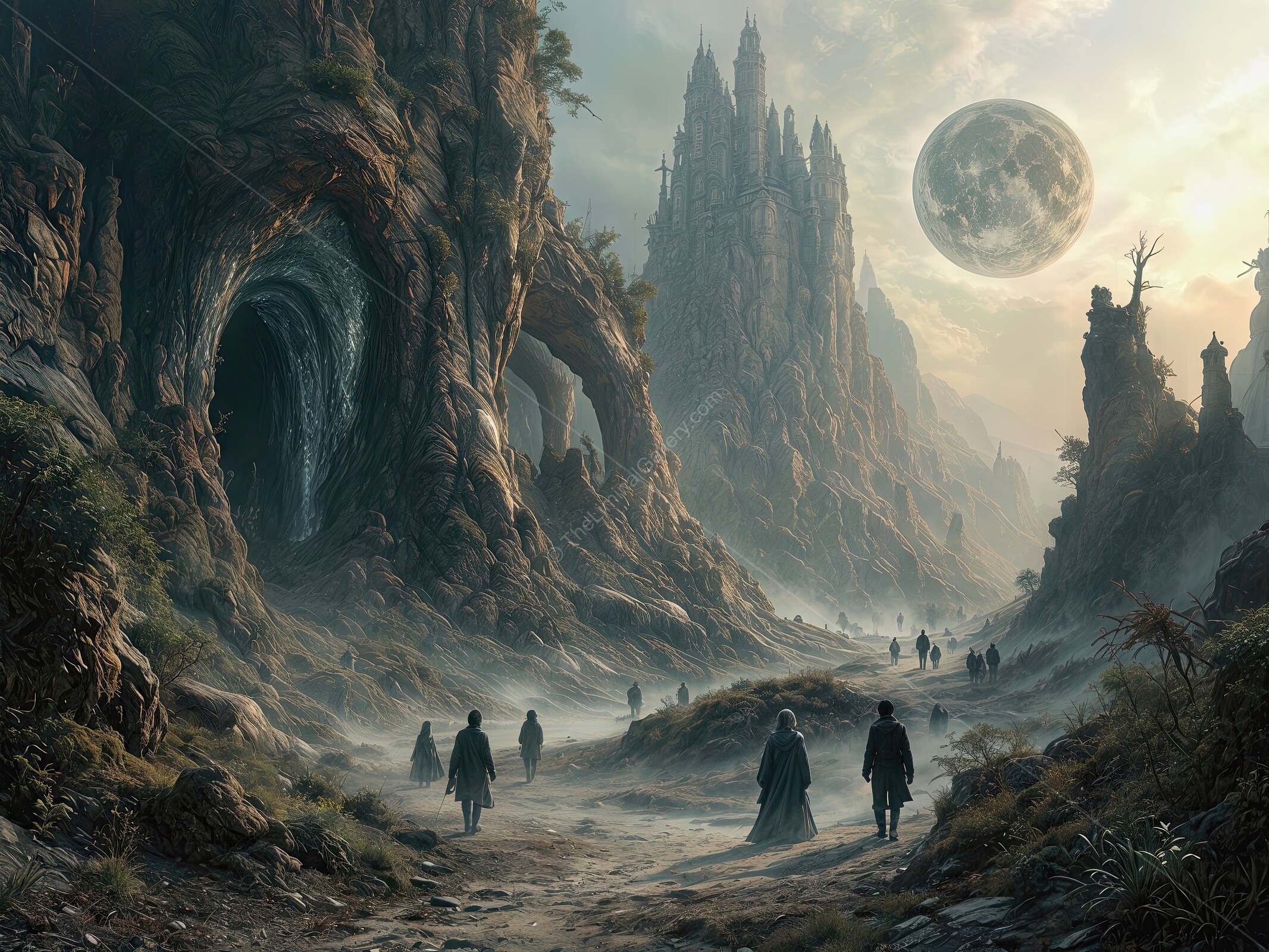 Mystical landscapes with ancient castles under the glowing moon in a distant sci-fi world