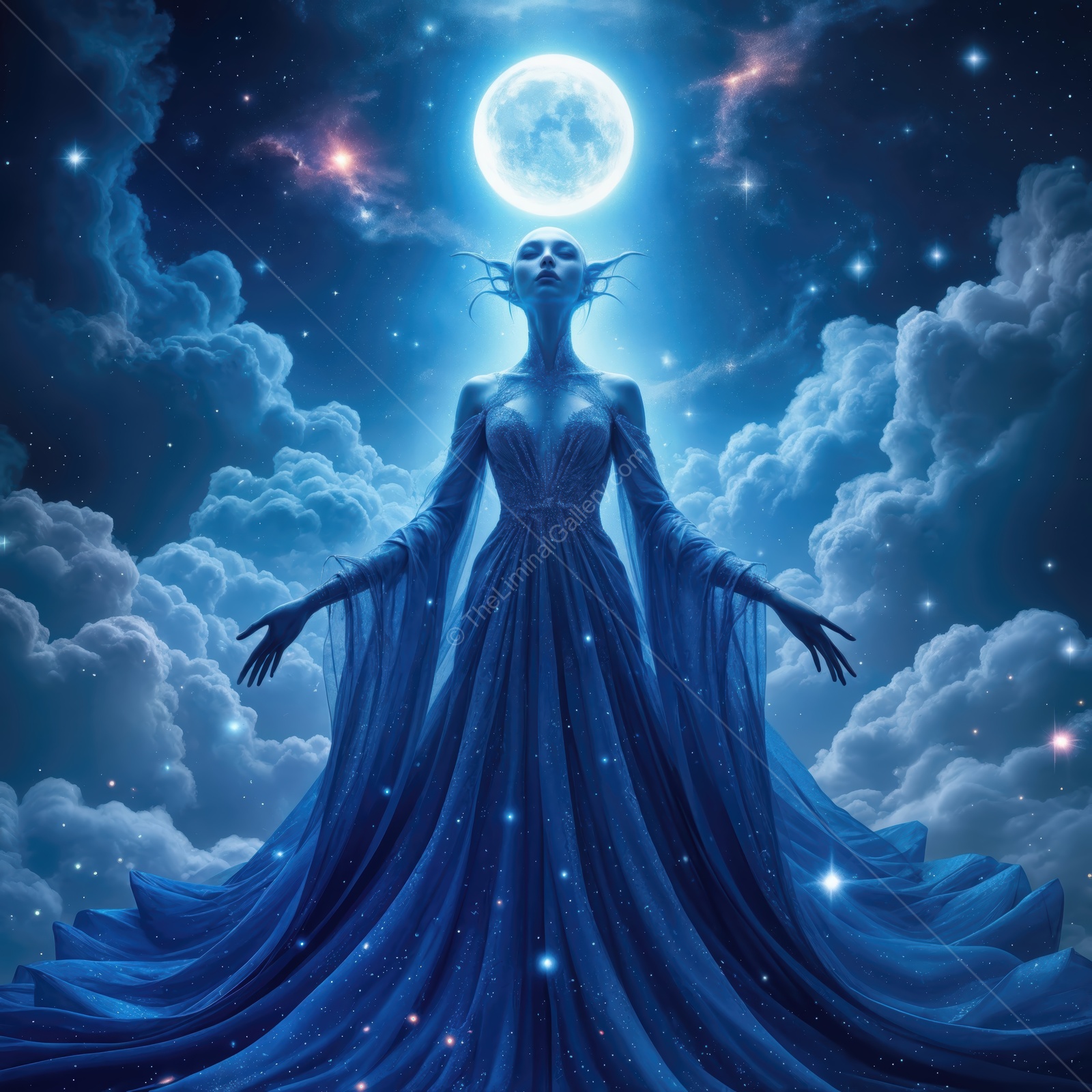 Mysterious figure stands under a glowing moon, surrounded by cosmic clouds in an enchanting sci-fi scene