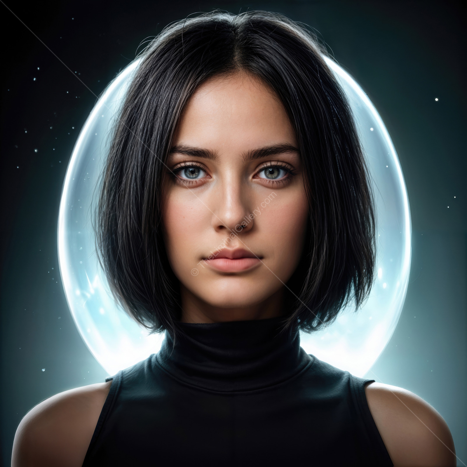 Mystical encounter with a futuristic being under a glowing moon